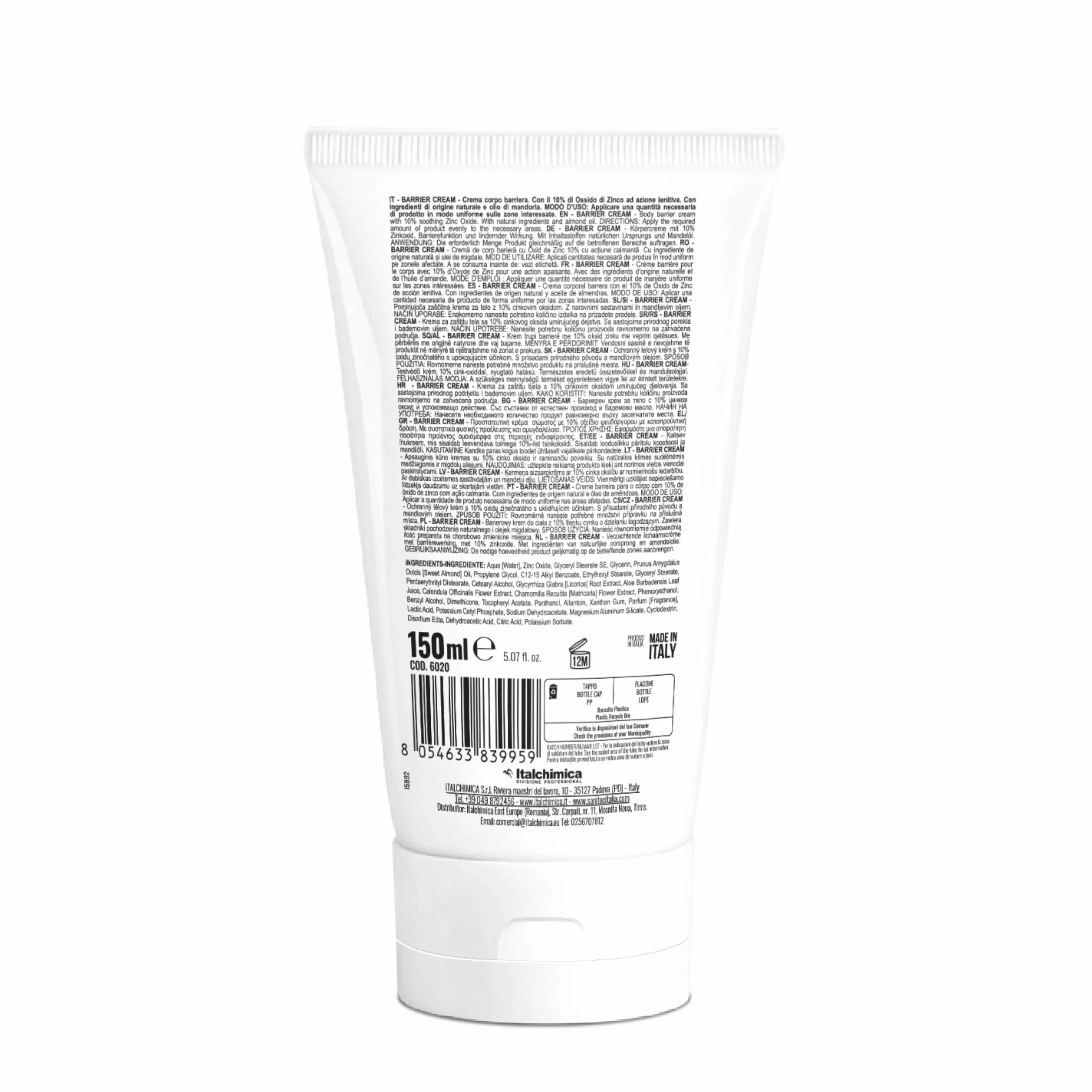 Sanitec BARRIER CREAM Crema Corpo Idratante Ossido di Zinco 10% Azione Lenitiva Olio di Mandorla 150 ml