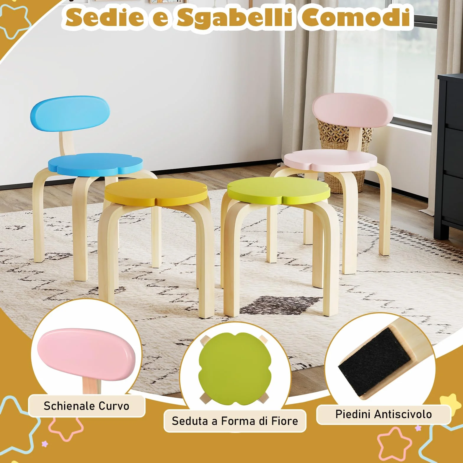 RELAX4LIFE Set Tavolo e Sedie per Bambini 5 Pezzi, Tavolo Attività in Legno a Forma di Fiore con 2 Sedie e 2 Sgabelli