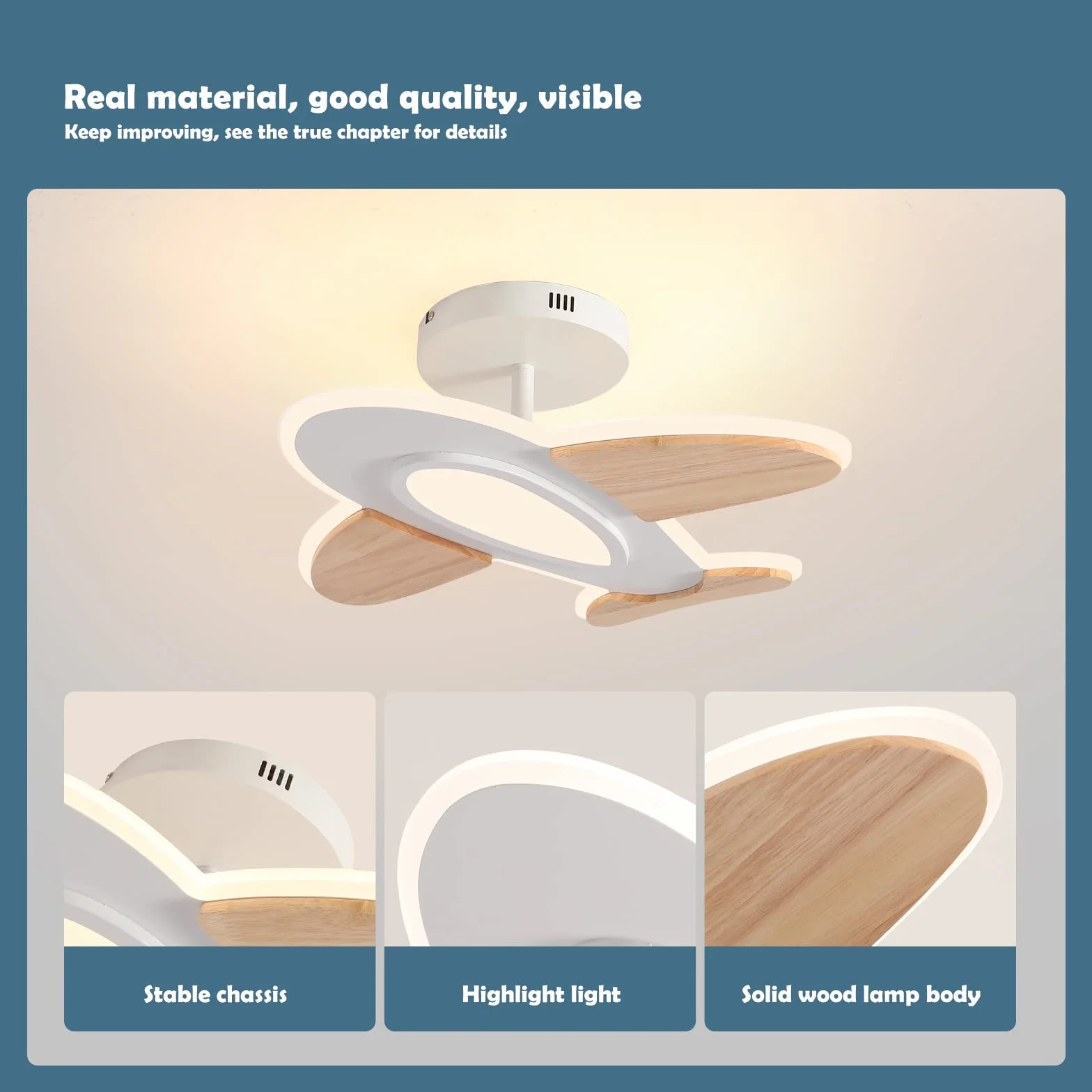 Lampada Da Soffitto A LED Da 35 W Per Pamera Dei Bambini, A Forma Di Aeroplano, Dimmerabile, Con Telecomando, 50 x 45 CM,2700-6500 K,Bianco E Legno Accessori Lampada Da Soffitto