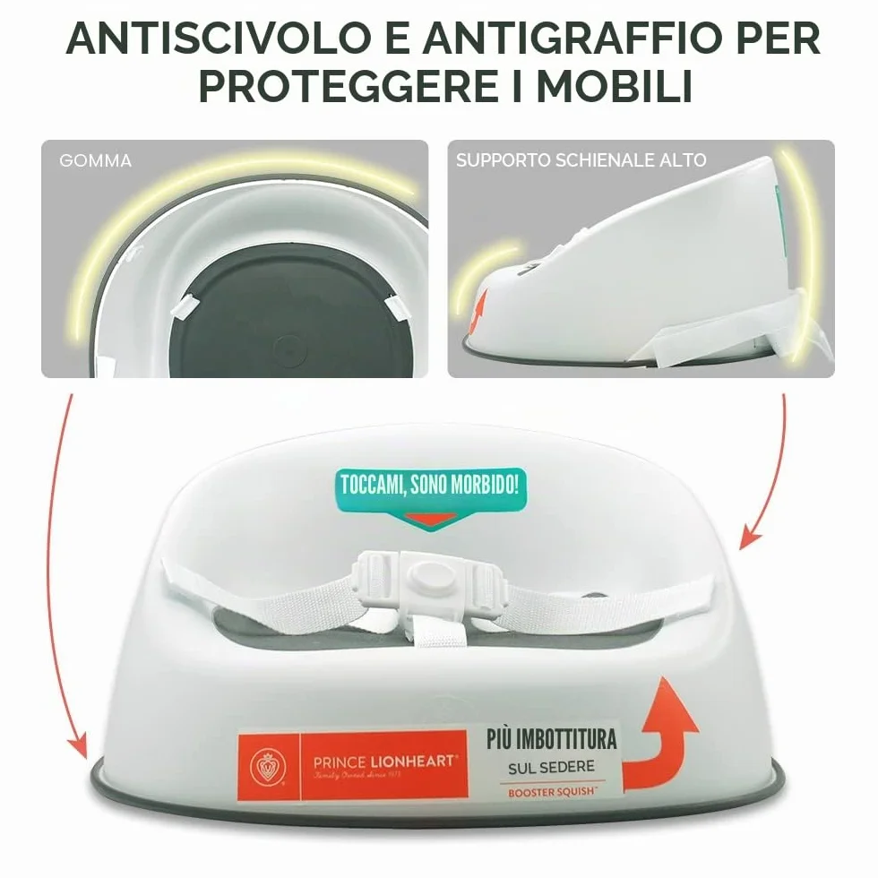 Prince Lionheart Booster Seduta Squish Grigio 18m+ 5yrs 27kg Leggera Imbracatura 3 Punti Base Rigida Antiscivolo