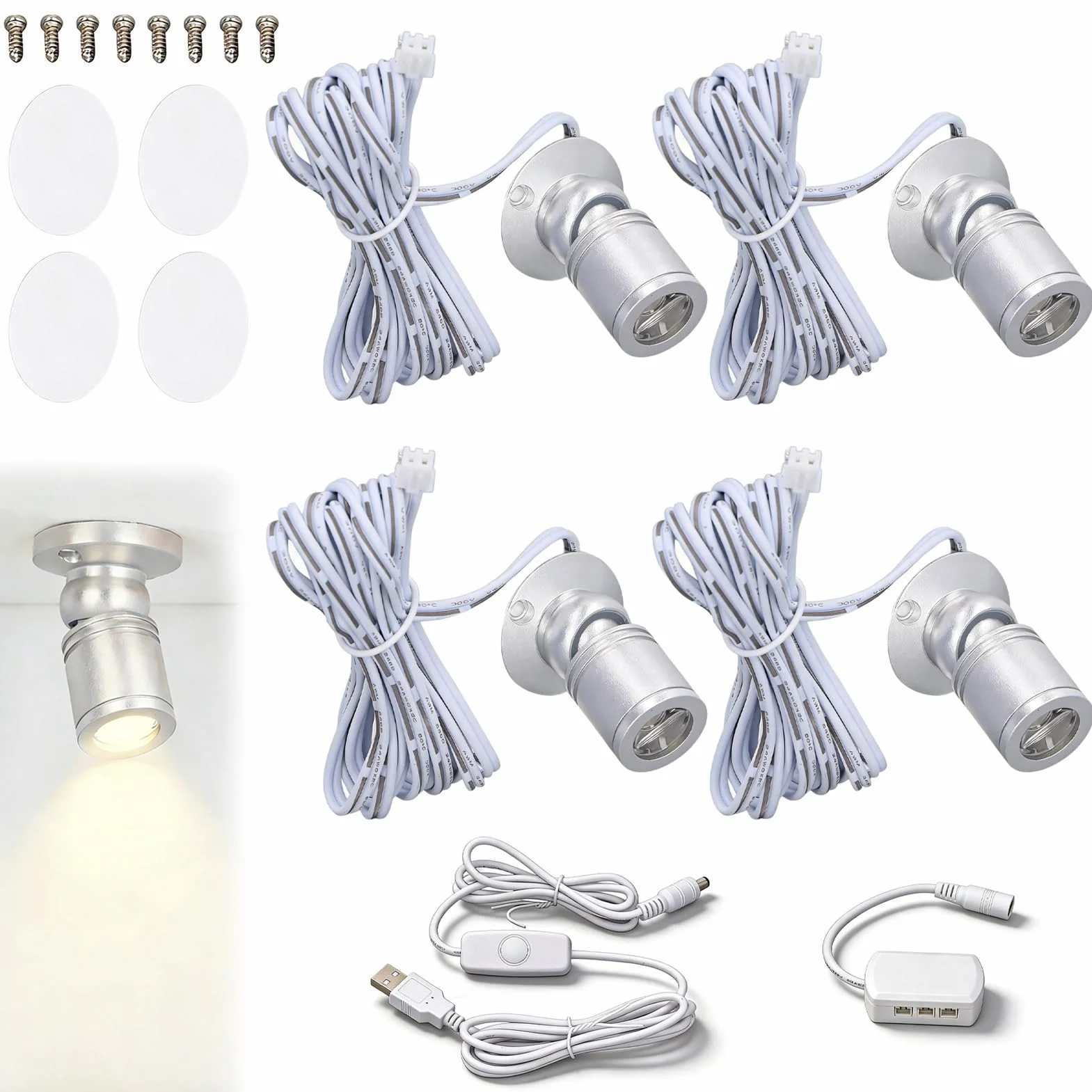 4 Faretti Con Display A Led, Mini Faretti Dimmerabili Da 5 V, Alimentati Tramite Usb Faretti Da Interni Faretti Con Display A Led Per Vetrina Di Gioielli, Portico D'ingresso (Luz De La Naturaleza)