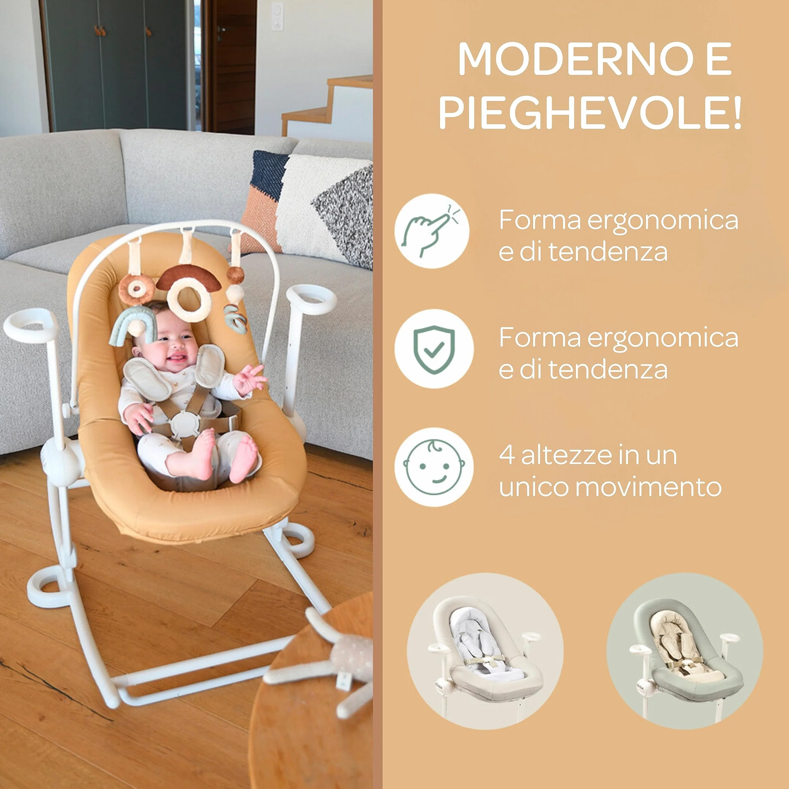 BÉABA Sdraietta Up&Down Plus 4 altezze 3 reclinabilità Pieghevole 100% cotone Ocra