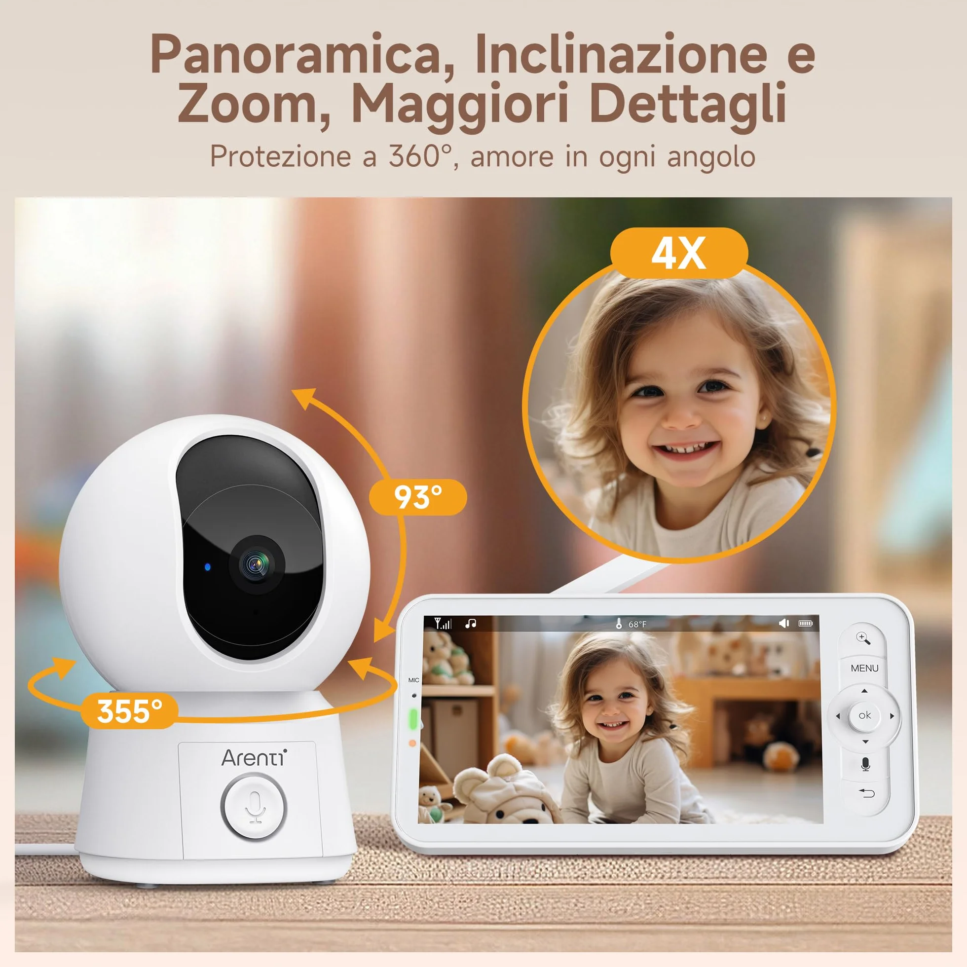 ARENTI Monitor Neonato con Videocamera Wifi 5" 360° PTZ 3350mAh Visione Notturna VOX Rilevamento Temperatura