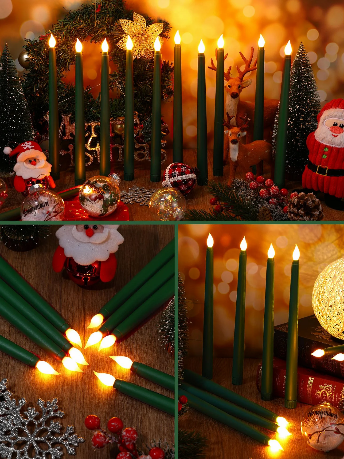 48 candele coniche senza fiamma, 28 cm, a batteria, a LED, in cera sintetica, tremolanti, per Halloween, Natale, chiesa, feste di nozze (verde)