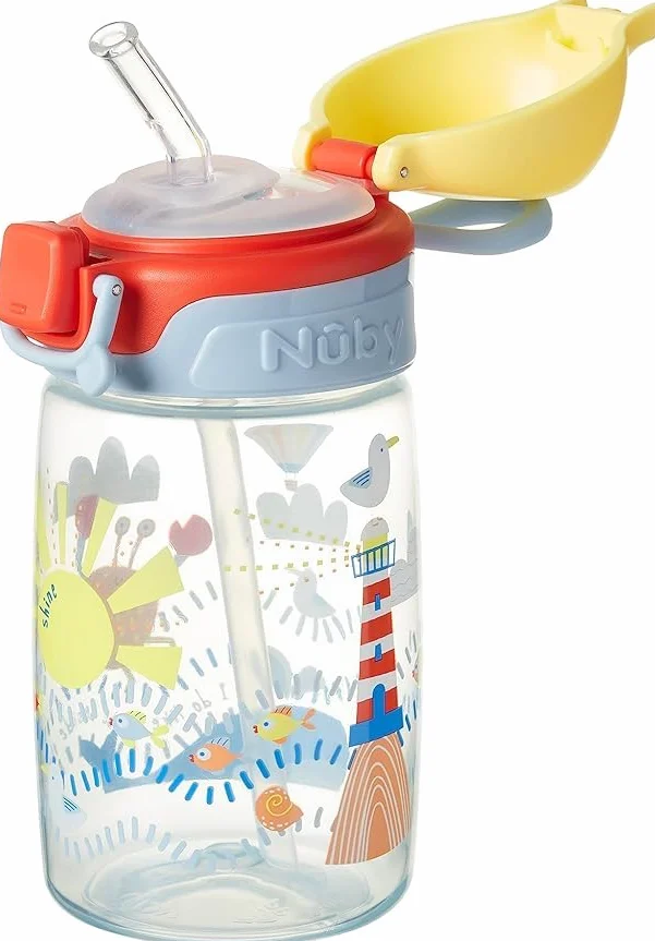 Nuby Super Drinking Bottle with Straw No Spill 360ml Kids Carry Handle Dishwasher Safe 12 Months+ Sunshine