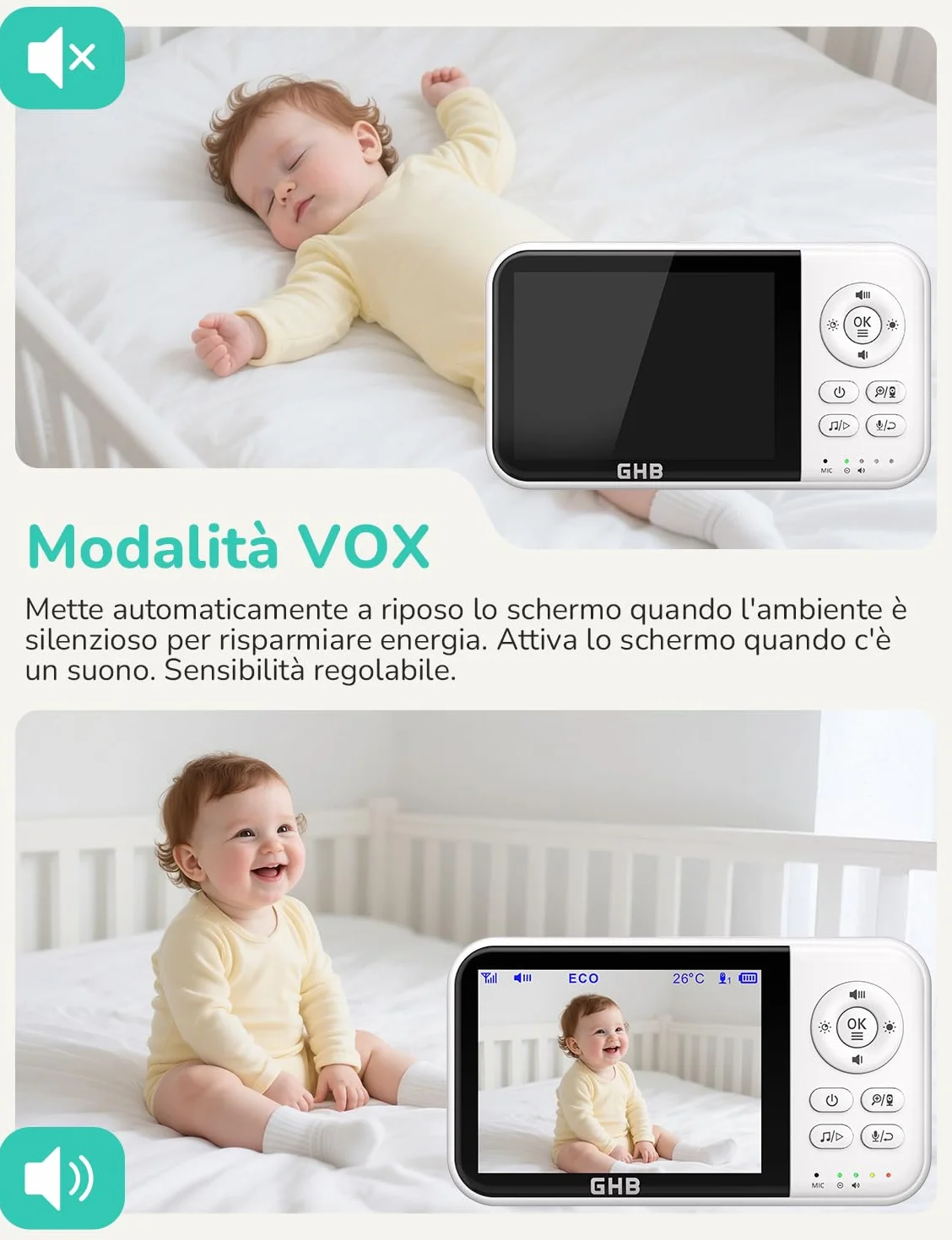 Baby Monitor con Telecamera 3.2'' 2100mAh Visione Notturna VOX Rilevamento Temperatura Interfono Bidirezionale