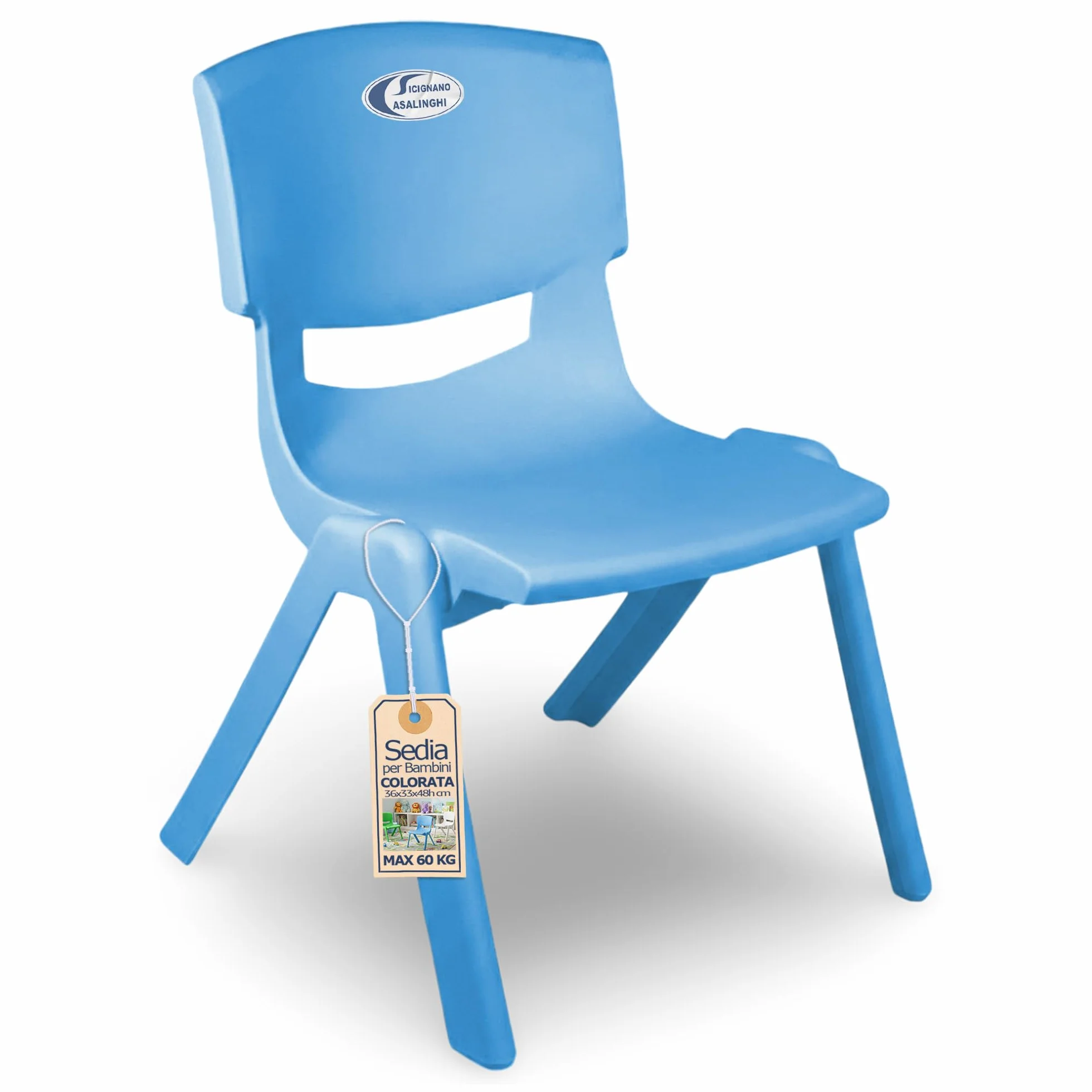 Sicignano Set 3 Pezzi Sedia per Bambini in Plastica Azzurro Impilabile 34x32x48h cm Portata 60 kg Impermeabile