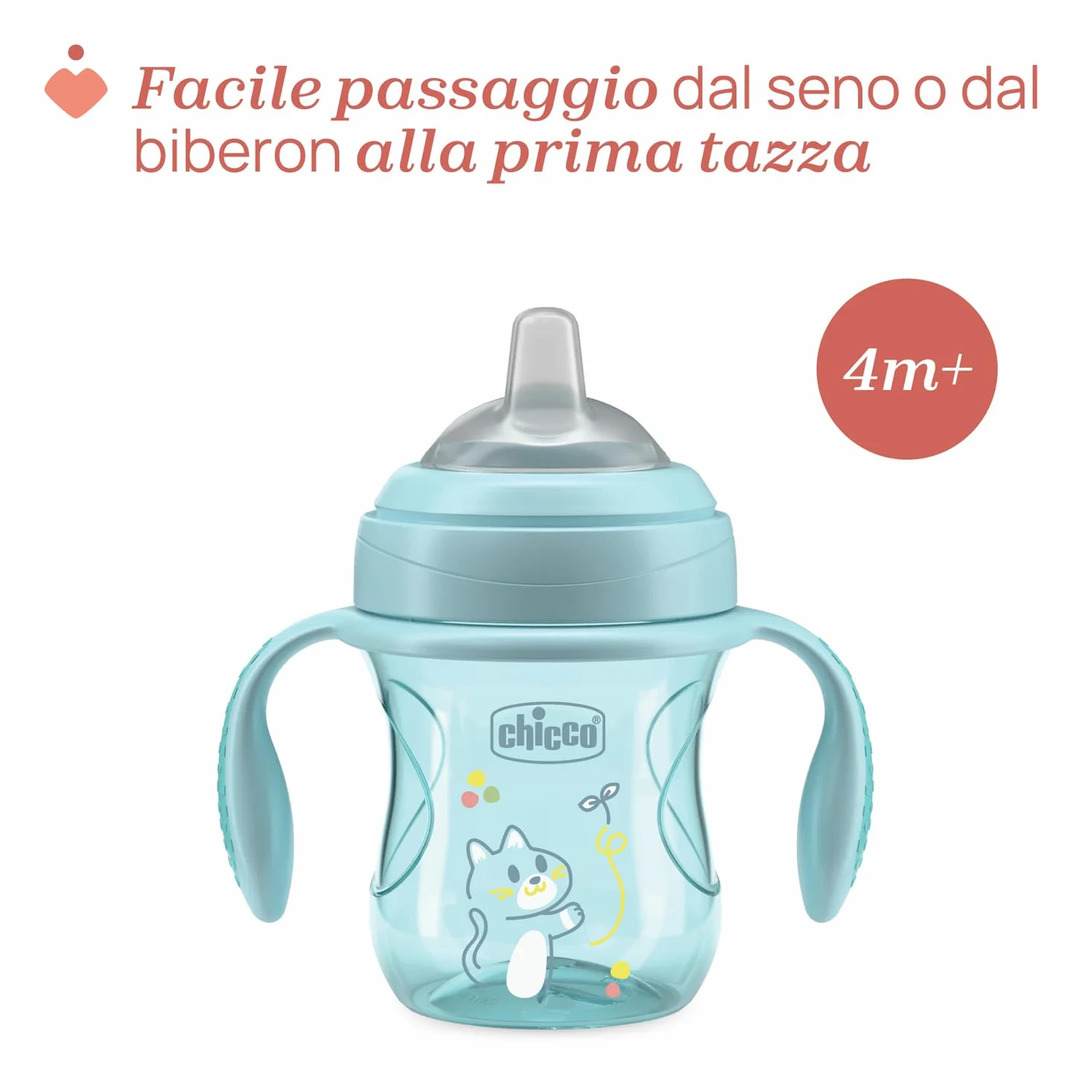 Chicco Transition Cup Bicchiere Antigoccia 200ml 4+ Mesi Beccuccio Ergonomico Silicone Senza BPA Azzurro