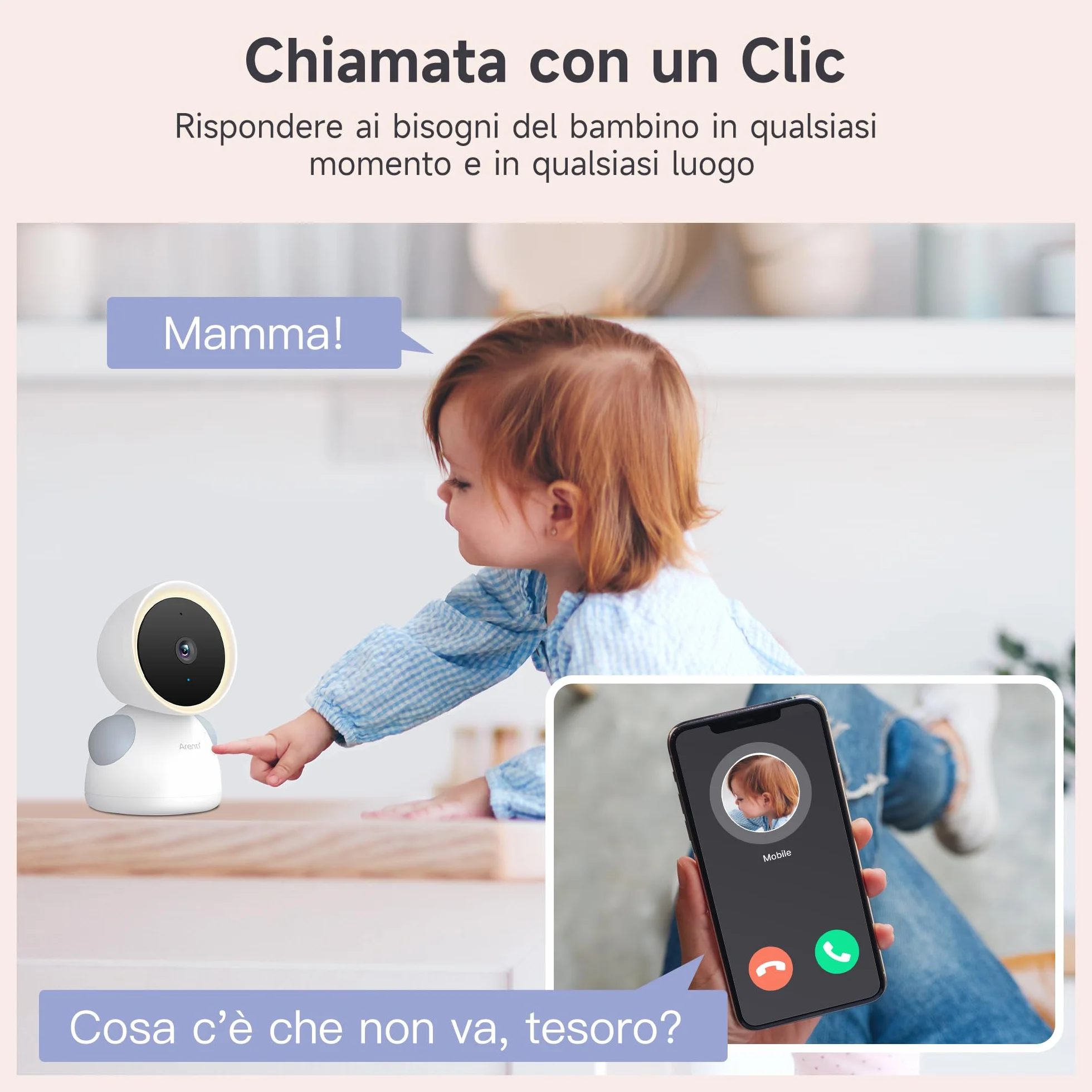 ARENTI Baby Monitor Video e Audio 2K, Telecamera Bambini con Monitor 5'', Rilevamento di Temperatura/Umidità e Suoni/Movimenti, Visione Notturna, Audio Bidirezionale