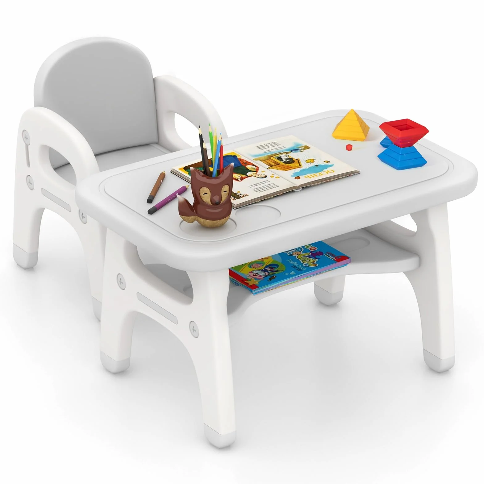 COSTWAY Tavolo e Sedia per Bambini Dinosauro Set Scrivania Attività Artistiche Studio 1-5 Anni Grigio