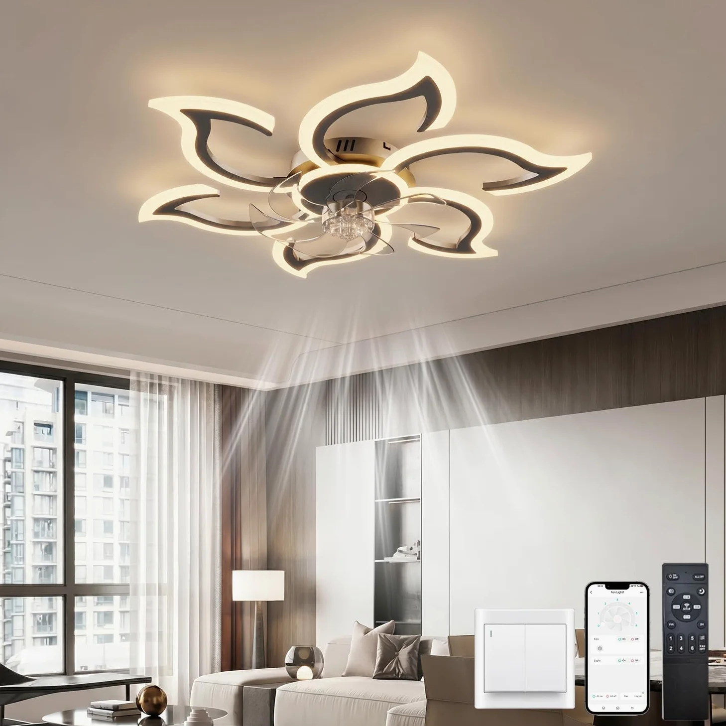 LJX Lampadario Ventilatore da Soffitto Silenzioso Design Dc 88cm Plafoniera Ventilatore 6800ml 6 Velocità Timer Dimmerabile Funzione Memoria Fiore Lampada Ventola per Camera da Letto, Nero