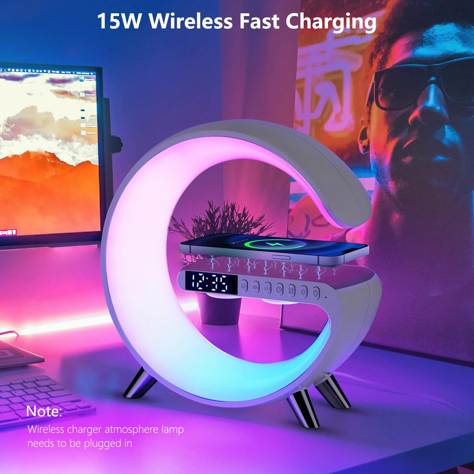 Lampada da Tavolo a LED intelligente, per Atmosfera con Caricabatterie Senza Fili Altoparlante Bluetooth Luce Notturna Dimmerabile con Sincronizzazione Musicale (Bianco)