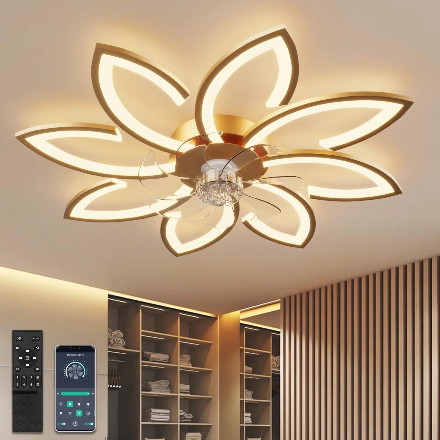 90 cm Lampadario Ventilatore da Soffitto Con Telecomando Led Dimmerabile Pale da Soffitto Design DC Plafoniera Fiore Led Reversibile 6 Velocità Lampadari a Ventola per Camera da Letto Cucina,Oro
