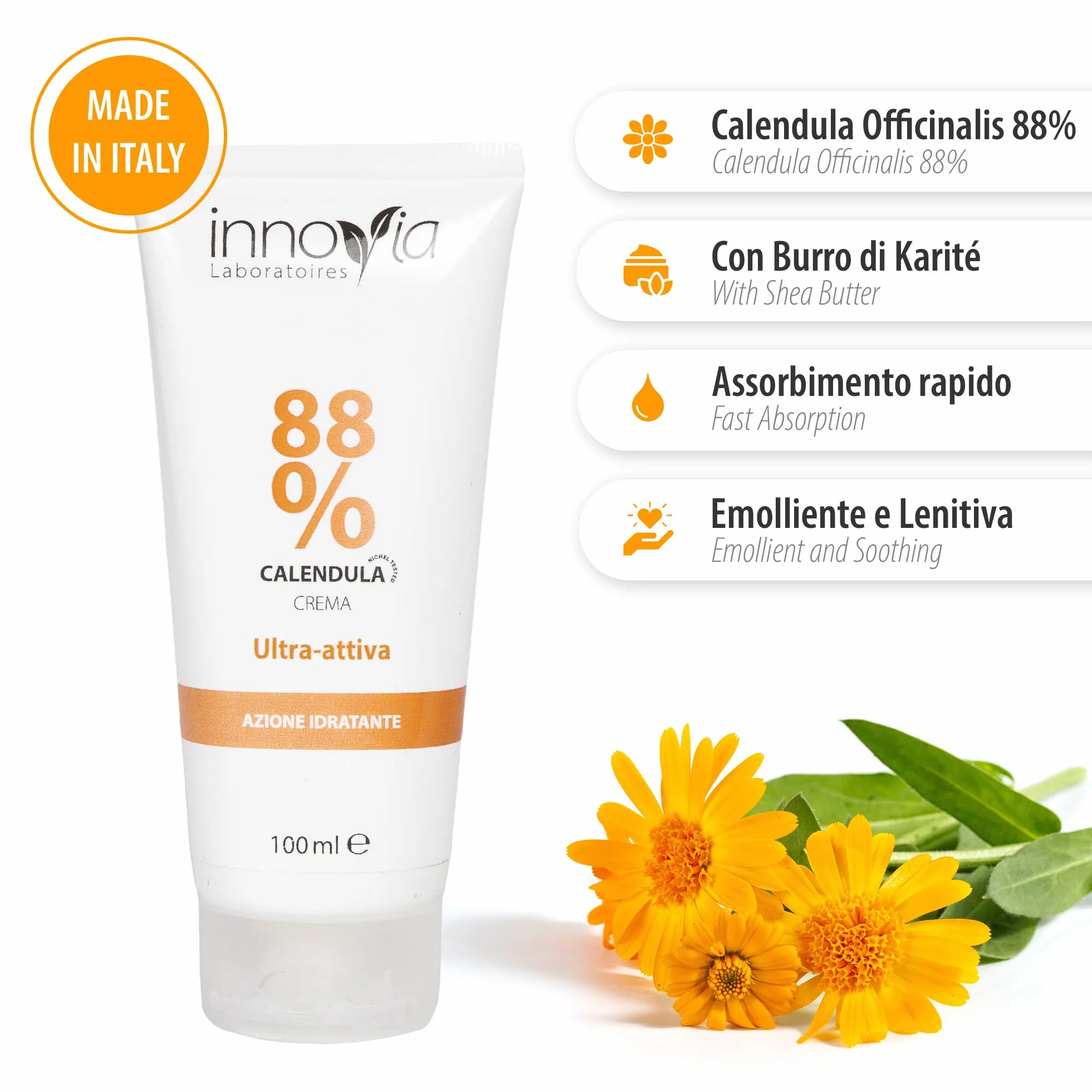 Crema alla Calendula 88% 100ml Lenitiva Emolliente per Ustioni Scottature Irritazioni Pelli Sensibili Made in Italy