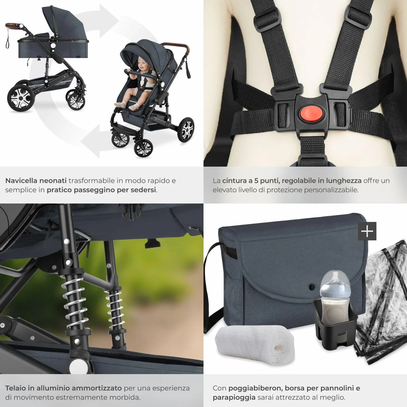 tectake® Passeggino Combinato Pieghevole 2 in 1 Leggero con Cintura a 5 Punti e Freno a Pedale Antracite