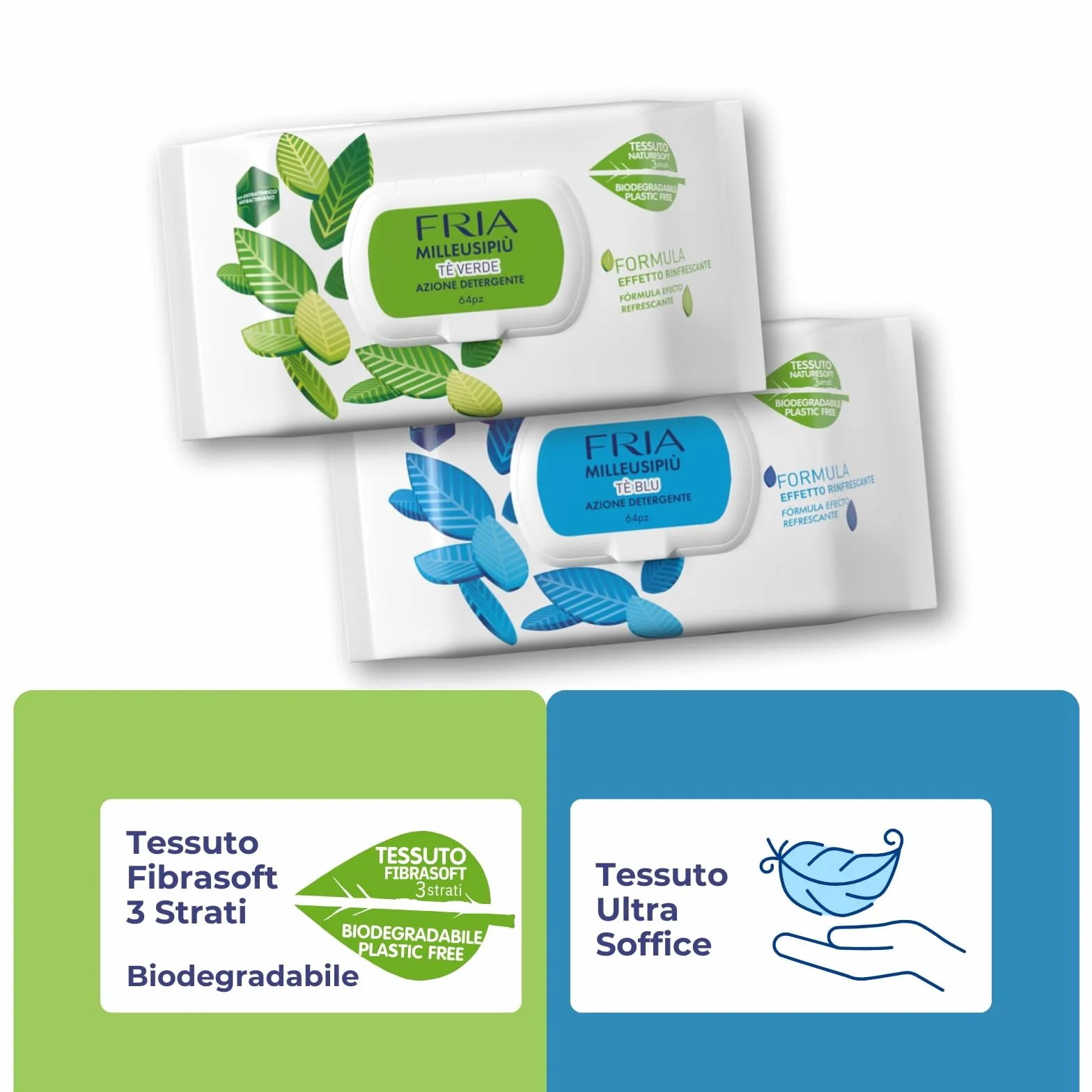 MilleusiPiù Tè Verde & Tè Blu Salviette Multiuso Rinfrescanti Antibatterico Tessuto Fibrasoft 3 Strati Biodegradabile 64 Salviette