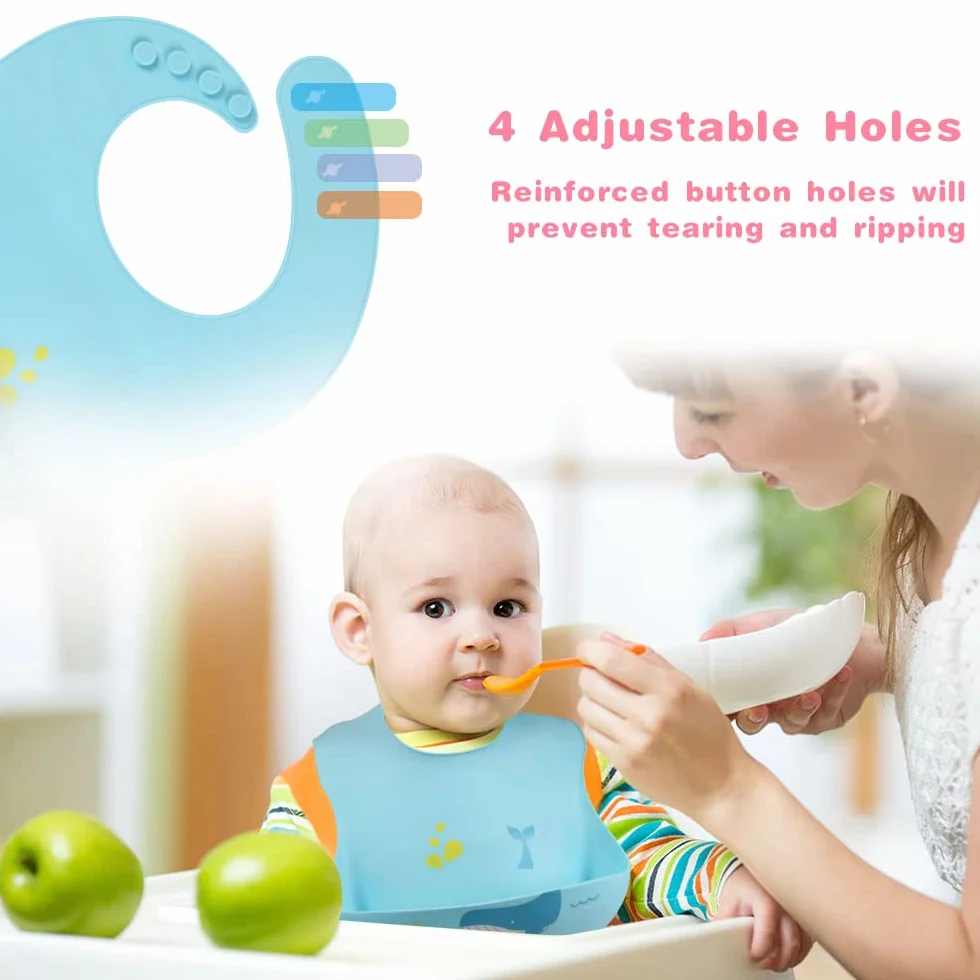 Bavaglini 3D Silicone Impermeabile Senza BPA 2PCS con Tasca Raccoglipappa 4 Misure Regolabili per Bambini Neonati Dinosauro Balena