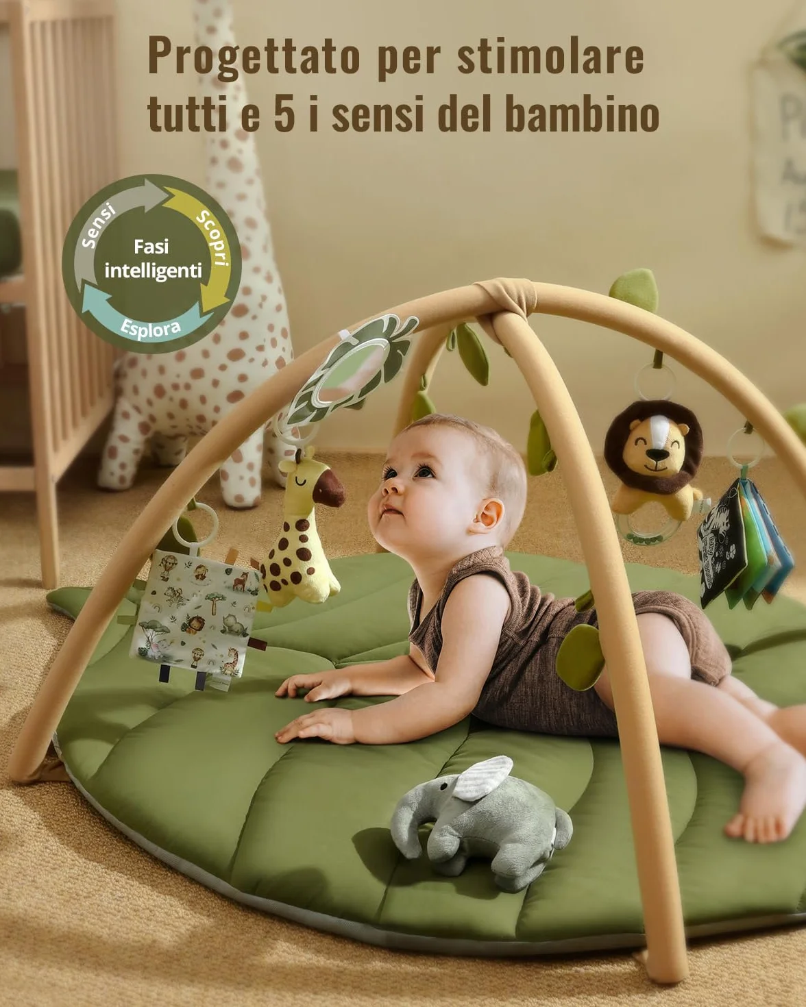 Blissful Diary Palestrina Neonato con Arco Rimovibile a Forma di Foglia con 6 Giochi - Sviluppo Sensoriale e Motorio, Regalo Per Neonati, Verde