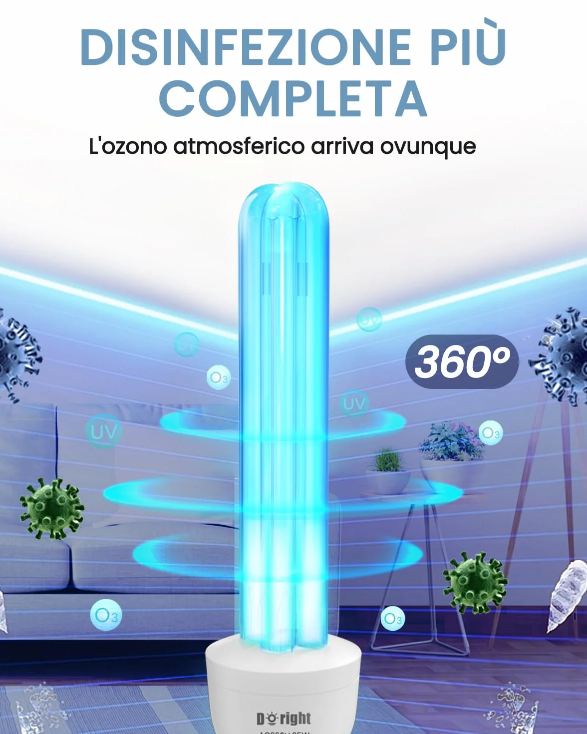 DoRight 2 Pezzo Lampada UV Ozono E27 25W Lampada Germicida Raggi UVC 254nm con Tubo al Quarzo Brine Ozono Contro Batteri Virus e Acari AC220-240V per Case, Uffici, Ristoranti e Scuola