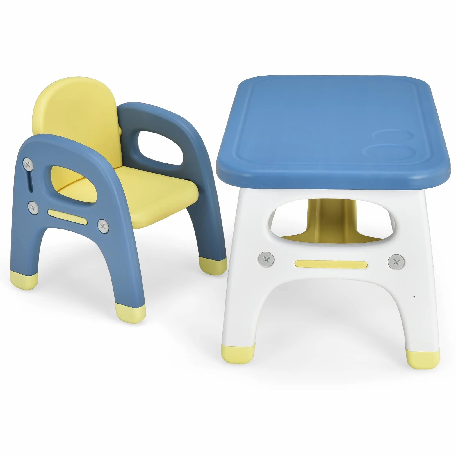 RELAX4LIFE Set Tavolo e Sedia per Bambini, Sedia a Forma di Dinosauro, Inclusi 3 Set di Costruzioni, Carico 30 kg (Blu)