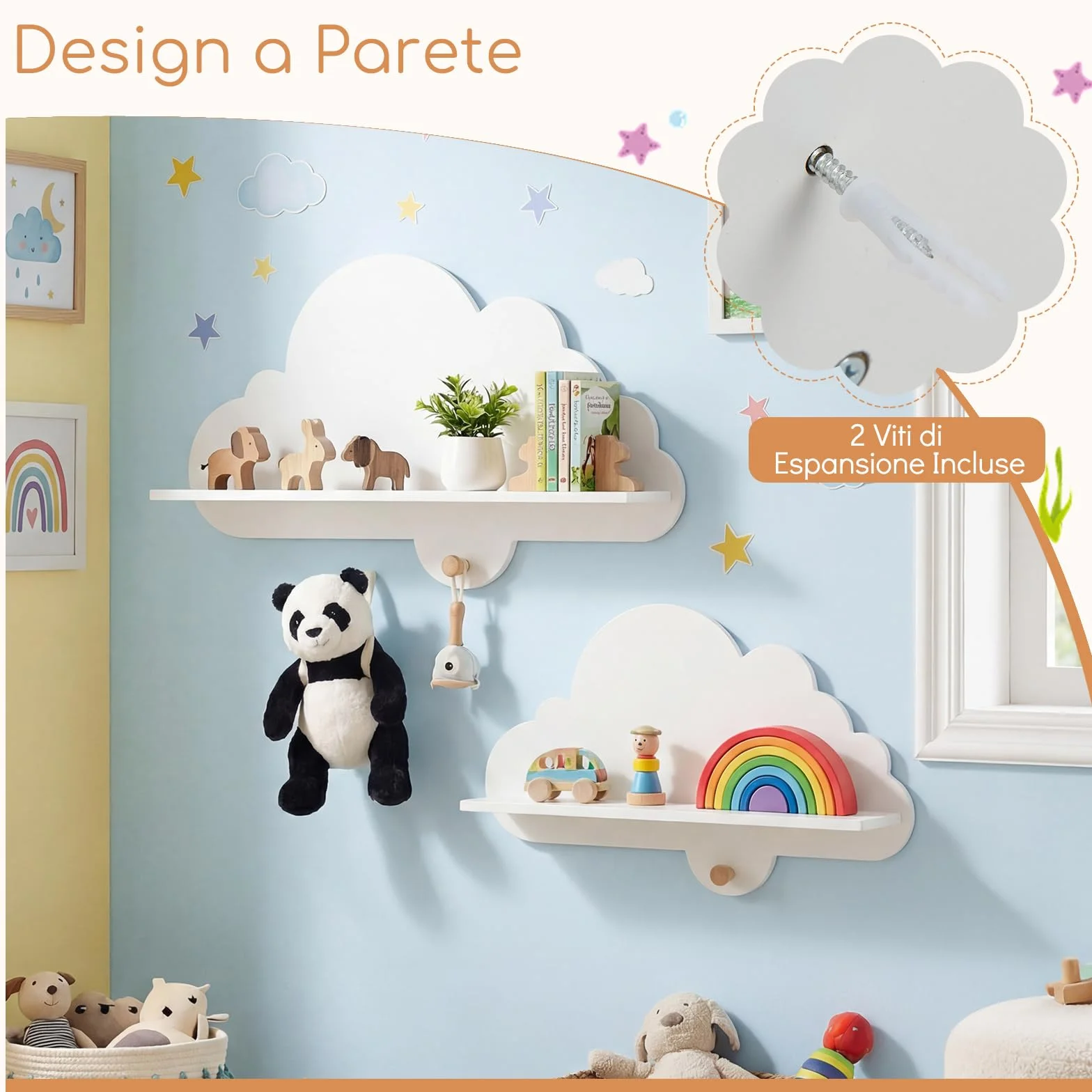 COSTWAY Set di 2 Mensole da Muro per Bambini, Libreria a Nuvole in Legno Massello con Ganci, Bianco