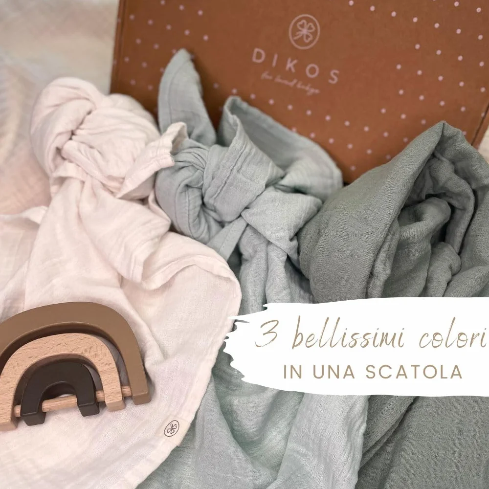 DIKOS Mussole Neonato 100% Cotone Biologico GOTS Set 3 Pezzi 64x64cm Morbida per Bambino