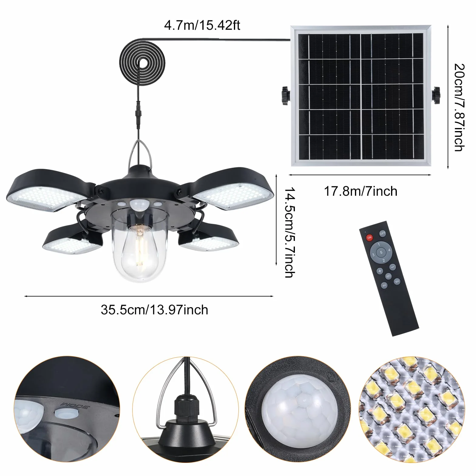 Lampade solari per esterni con telecomando, 192 LED, batteria da 5400 mAh, con cavo da 5 m, impermeabile, 7 W, 3200 lm, 5 modalità, per interni ed esterni, pollaio, serra