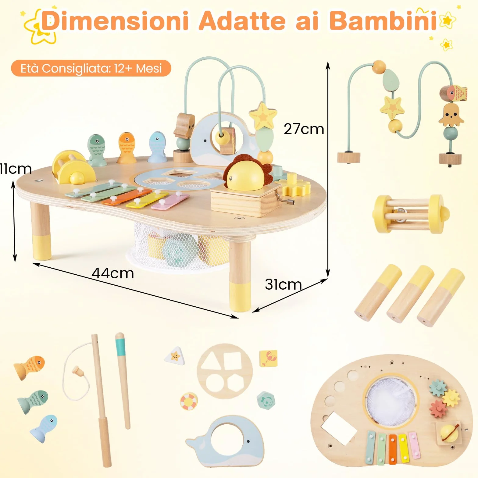 COSTWAY Centro di Attività Musicale in Legno Tavolo Multiattività Bambini 7-in-1 con Labirinto di Perle Xilofono Giochi Montessori