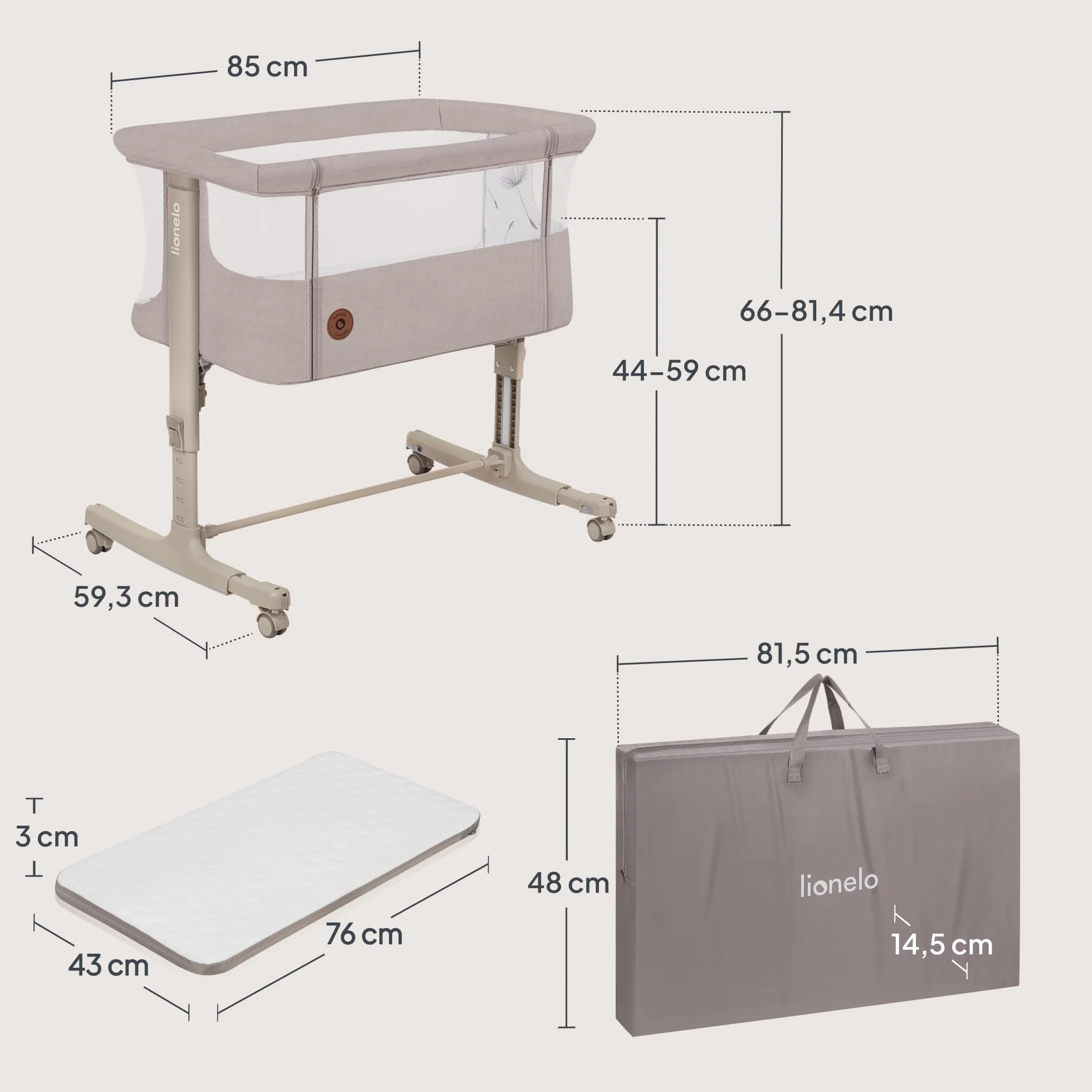 lionelo Aurora 3in1 Culla Co-sleeping Lettino da viaggio neonato 9kg Regolabile altezza inclinazione