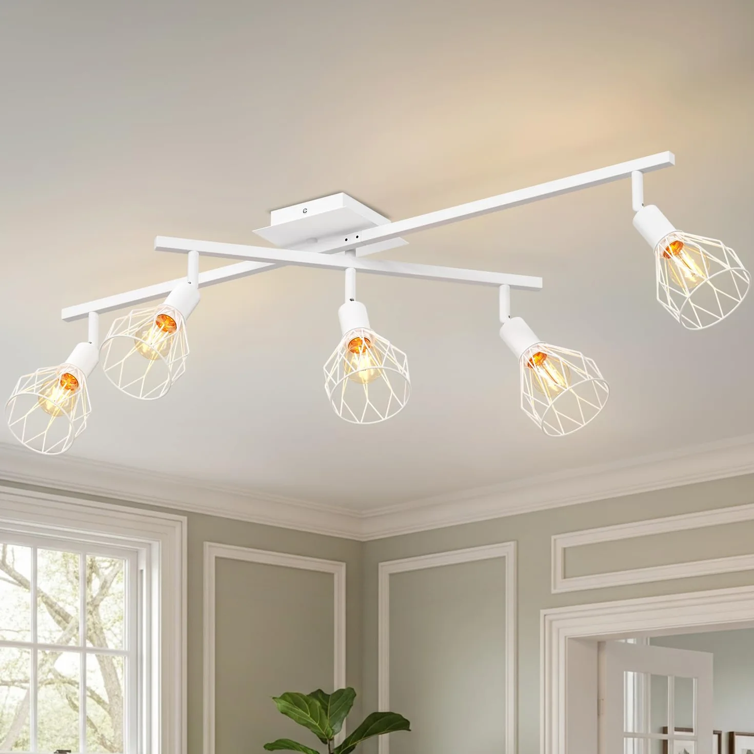 LVWIT Faretti Soffitto Bianco, Faretti Orientabili con 5 Attacco E14, Faretto da Interno Moderna, Lampadario Faretti per Barra, Salotto, Cameretta, Cucina,Corridoio Illuminazione (Senza Lampadina)