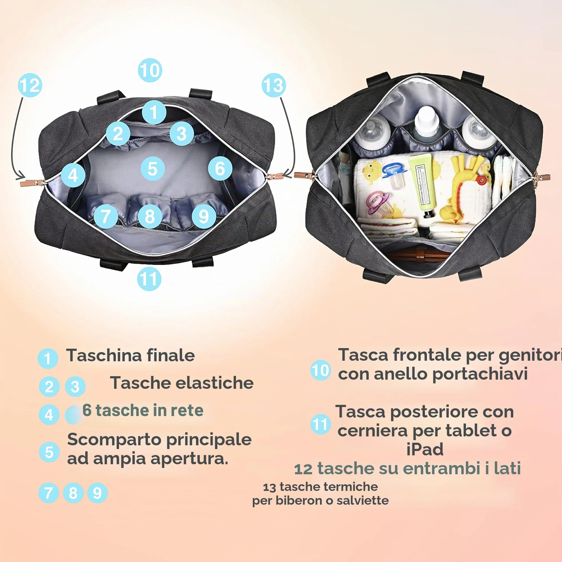 Borsa fasciatoio per neonati grande elegante da viaggio con porta ciuccio