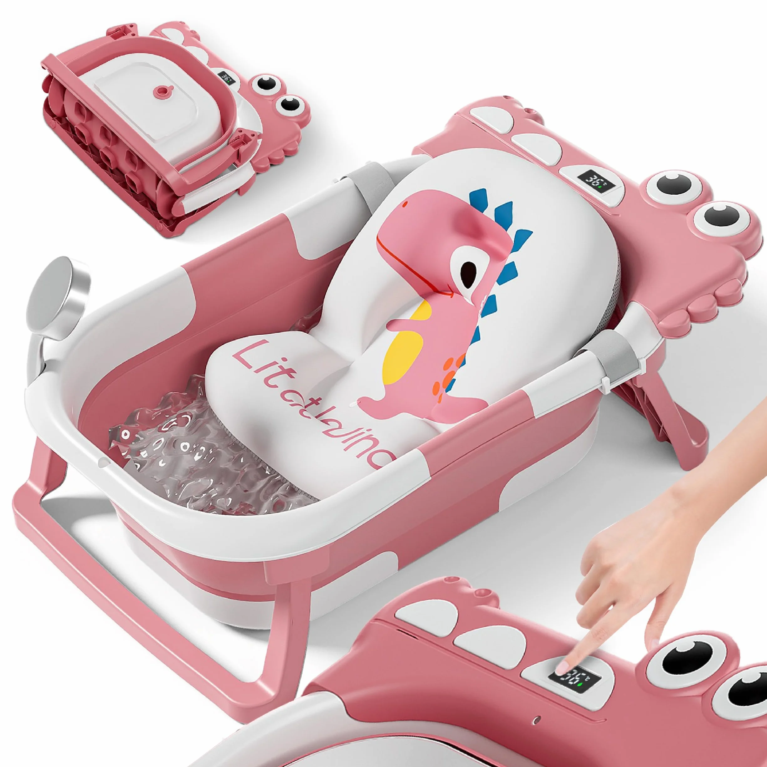 Vaschetta Bagnetto Neonato Pieghevole con Cuscino e Termometro 1-3 Anni