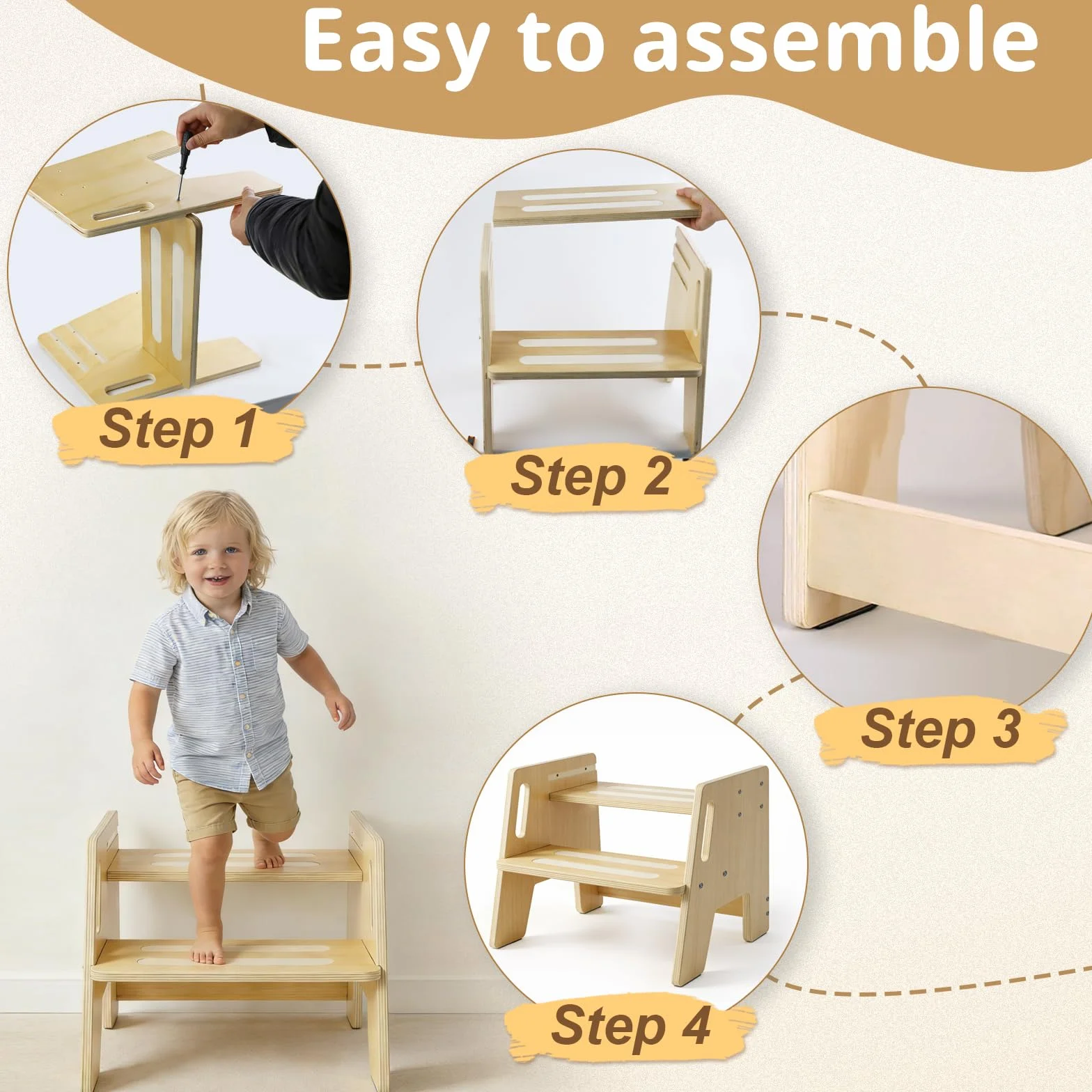 Sgabello in Legno per Bambini a 2 Gradini Regolabile Antiscivolo 150 kg