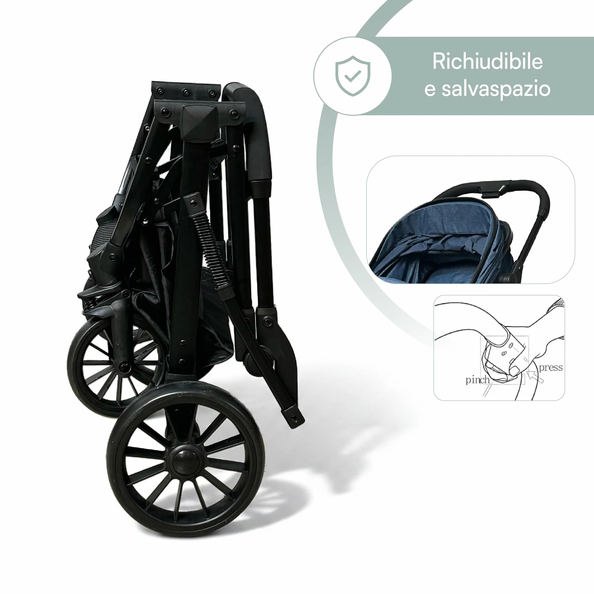 Passeggino Trio 3 in 1 con Navicella, Ovetto e Borsa Mamma, Reversibile, Schienale Reclinabile, Chiusura Compatta, 6-36 Mesi (Blu)