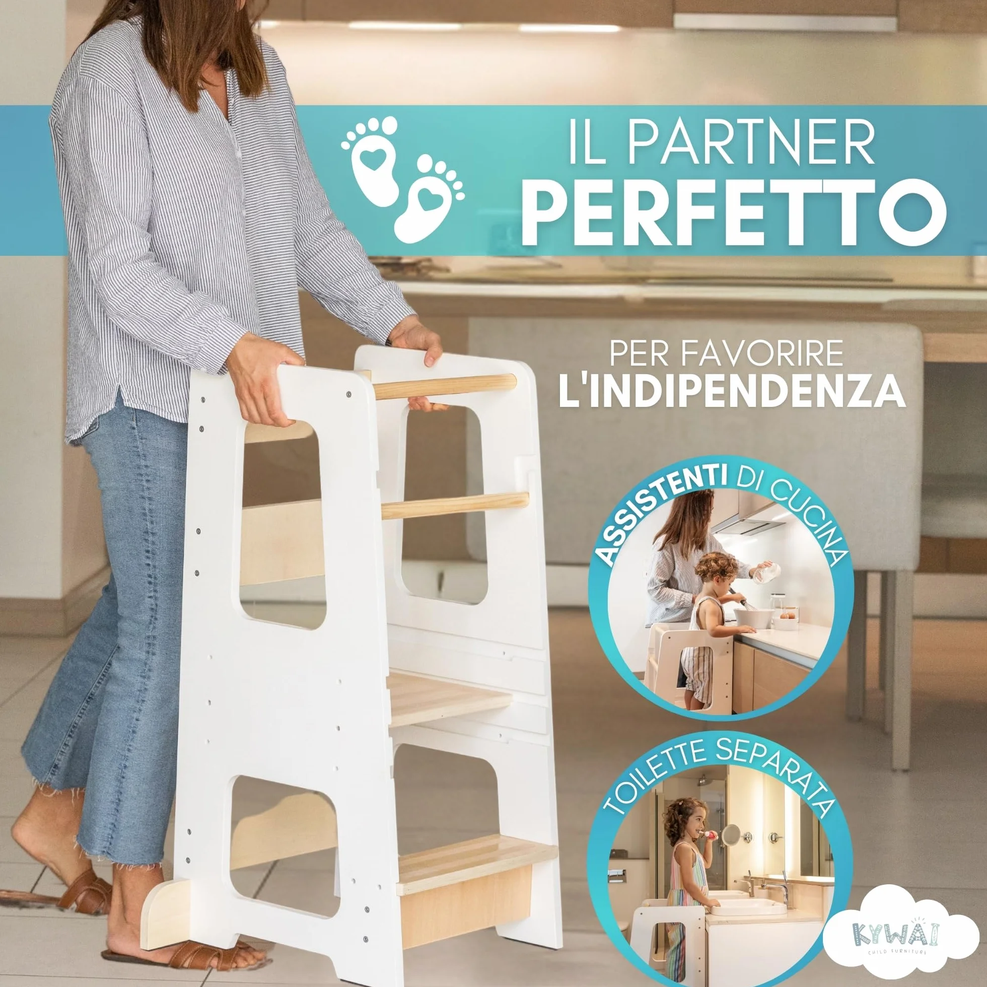 Torre Montessoriana Bambini Premium Legno Regolabile Altezza Doppia Barra Sicurezza Bianco