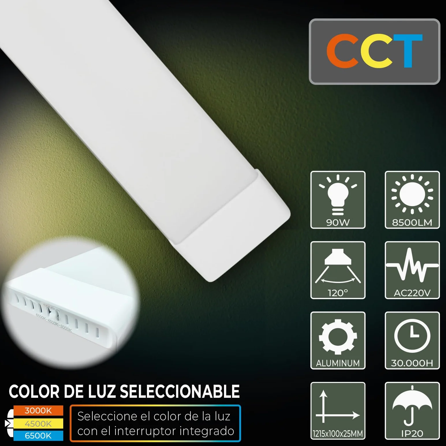 LED ATOMANT Plafoniera LED Lineare 120cm 90W CCT 3000-6500K 8500lm | Con selettore di colore CCT