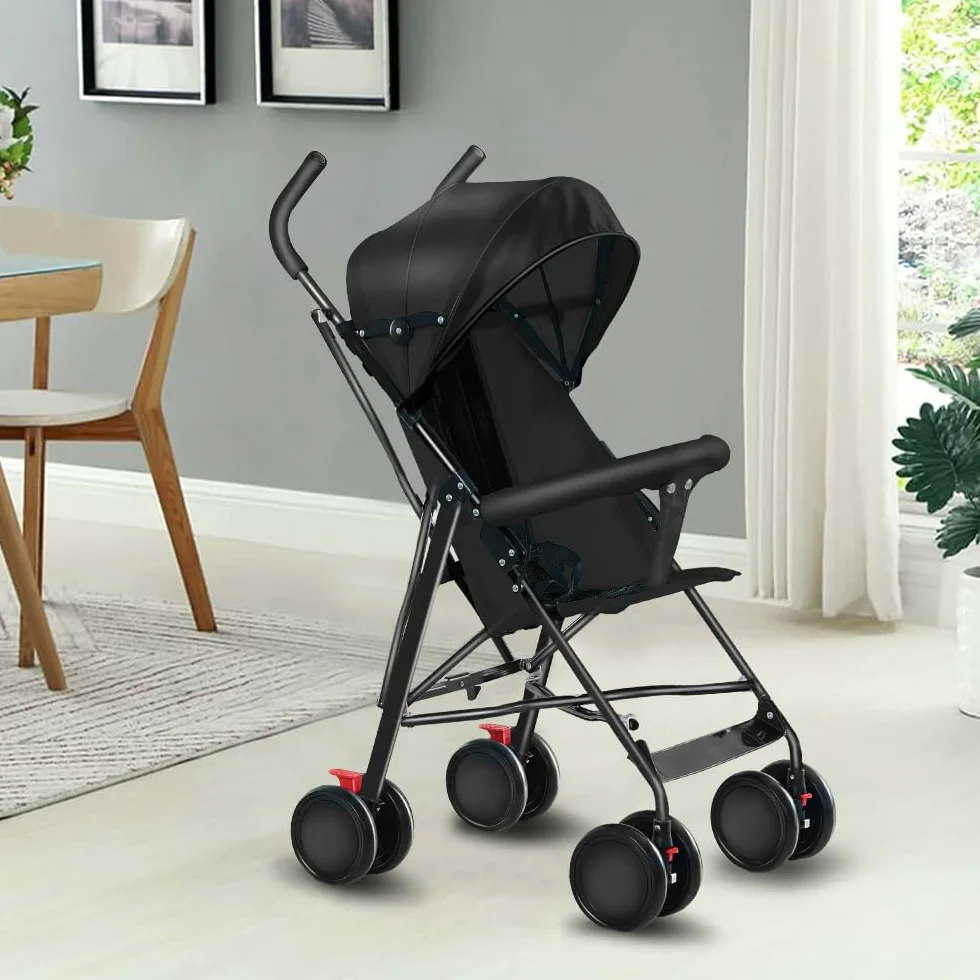 Passeggino Canne Bambino Ultra Leggero Pieghevole Reclinabile dalla Nascita a 25 kg Nero con Copertura Antipioggia