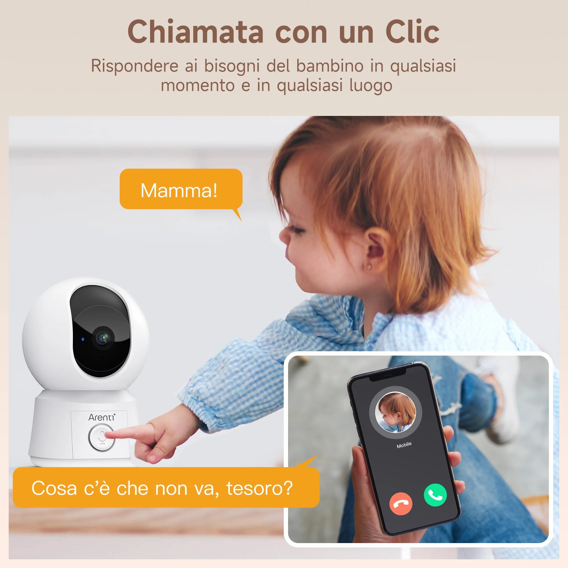 ARENTI Monitor Neonato con Videocamera Wifi 5" 360° PTZ 3350mAh Visione Notturna VOX Rilevamento Temperatura