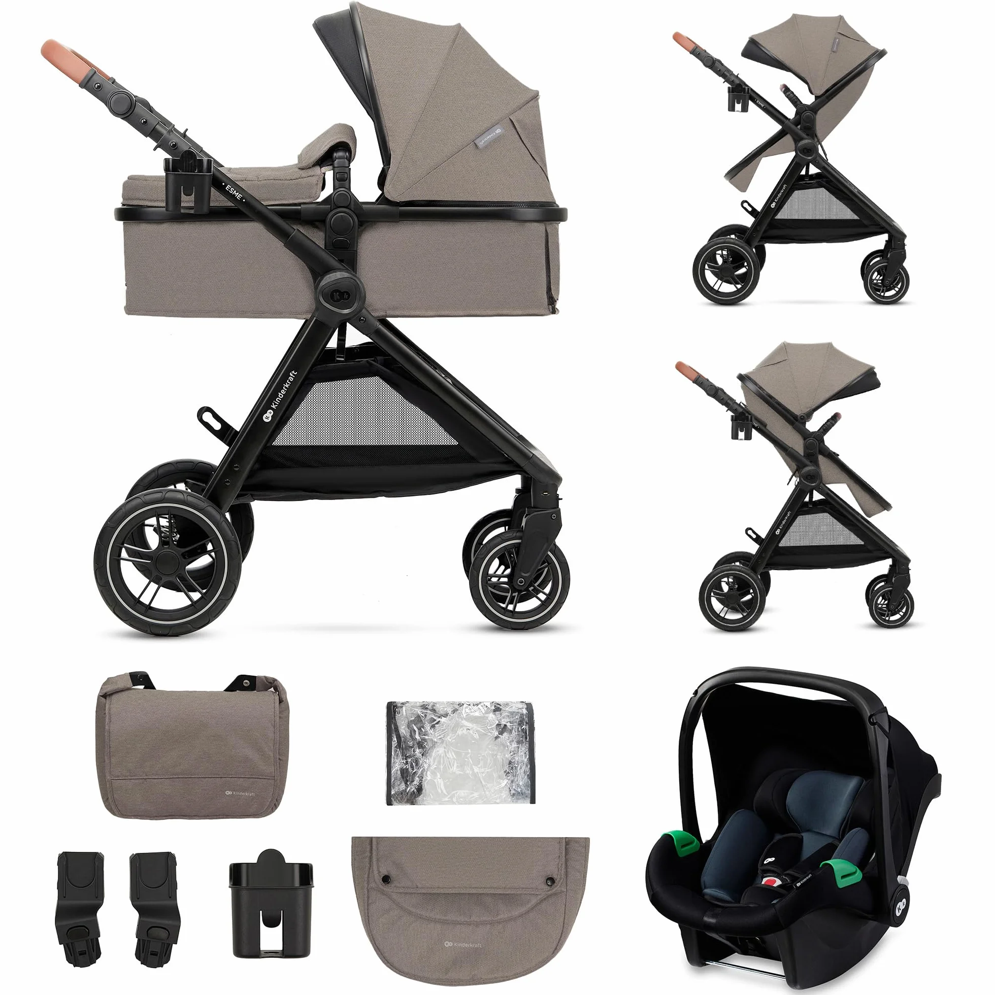 Kinderkraft ESME Trio passeggino neonati 3 in 1 fino 26 kg, Ovetto I-SIZE 40-75 cm, Carrozzina reversibile, Pieghevole, Beige