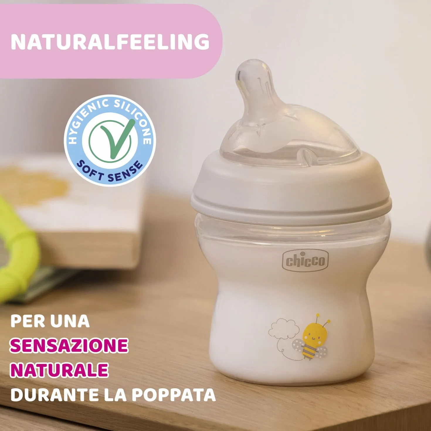 Chicco Natural Feeling Biberon Anticolica 0 Mesi+ 150 ml, Tettarella in Silicone Morbida, Flusso Lento, Colore Neutro