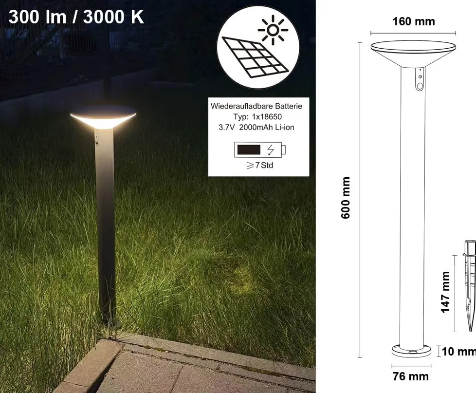 Lampada solare per vialetti con sensore di movimento, illuminazione da giardino con batteria integrata da 2000 mAh, 300 lm, IP44, 3000 K, bianco caldo, lampada solare per esterni/terrazze/balconi