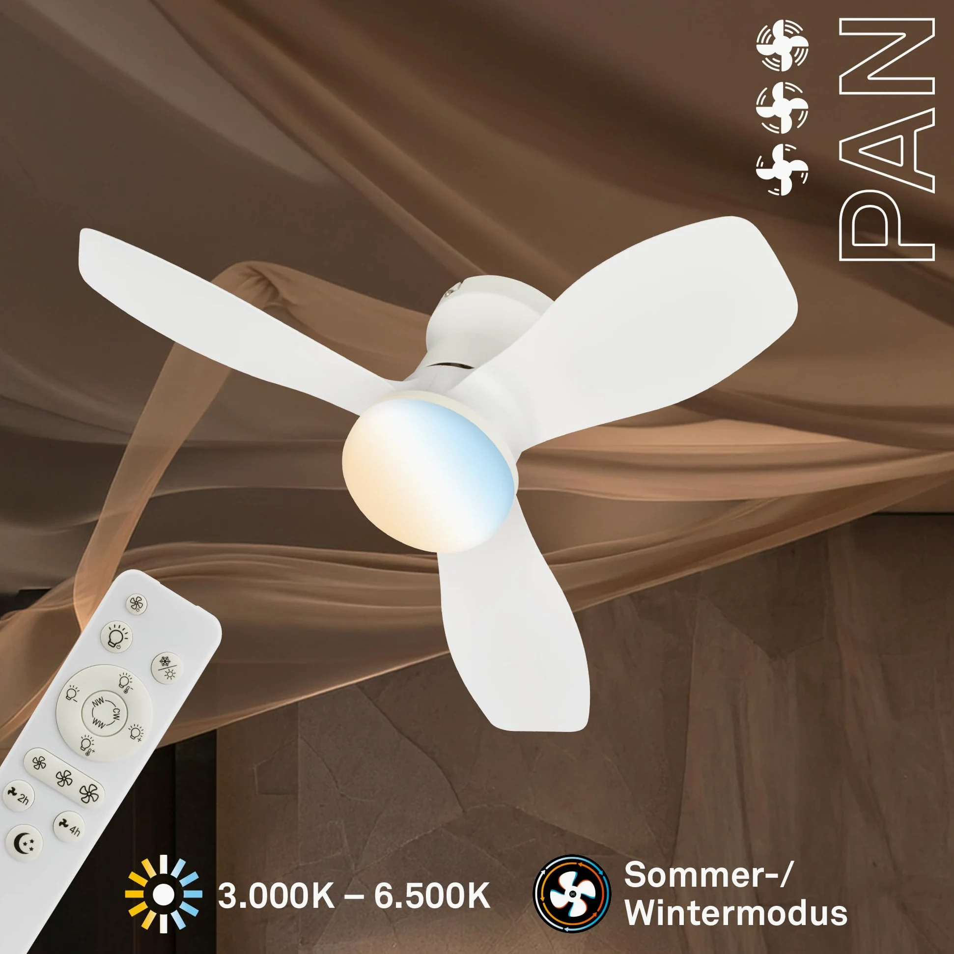 BRILONER - Ventilatore da soffitto con luce LED, telecomando, motore DC silenzioso con 3 velocità, CCT e luminosità regolabile, pale rimovibili, lampadario ventilatore da soffitto, 60 cm, bianco
