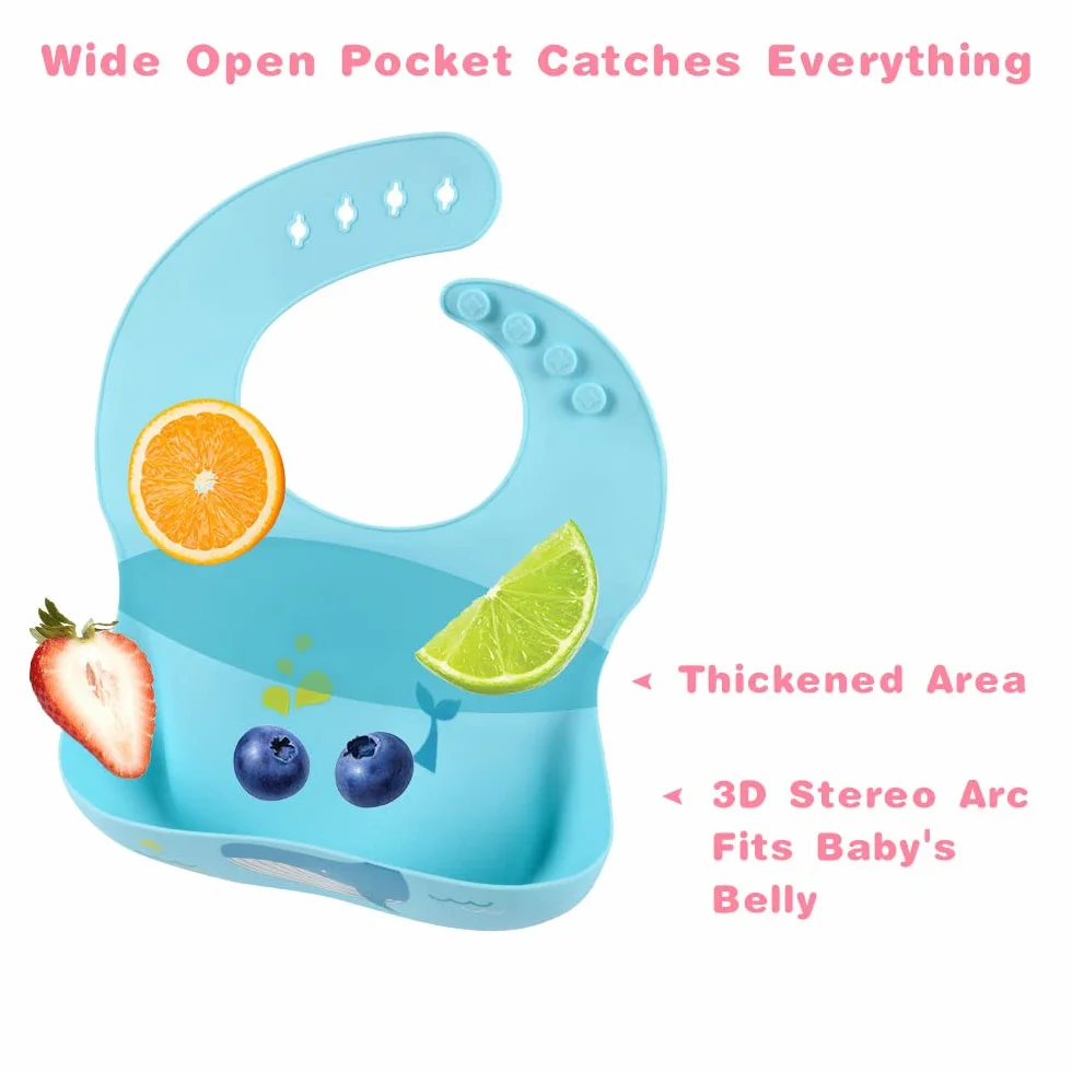 Bavaglini 3D Silicone Impermeabile Senza BPA 2PCS con Tasca Raccoglipappa 4 Misure Regolabili per Bambini Neonati Dinosauro Balena