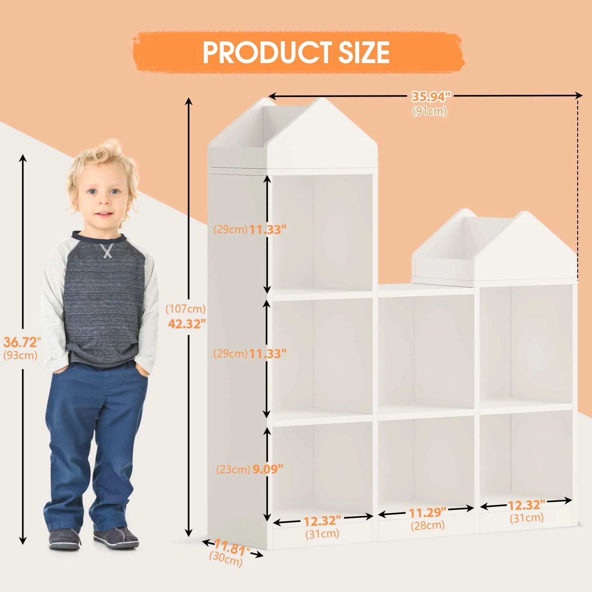 Litake Scaffale giocattoli bambini 9 scomparti 2 in 1 casetta libreria organizzatore bianco 92x30x108 cm