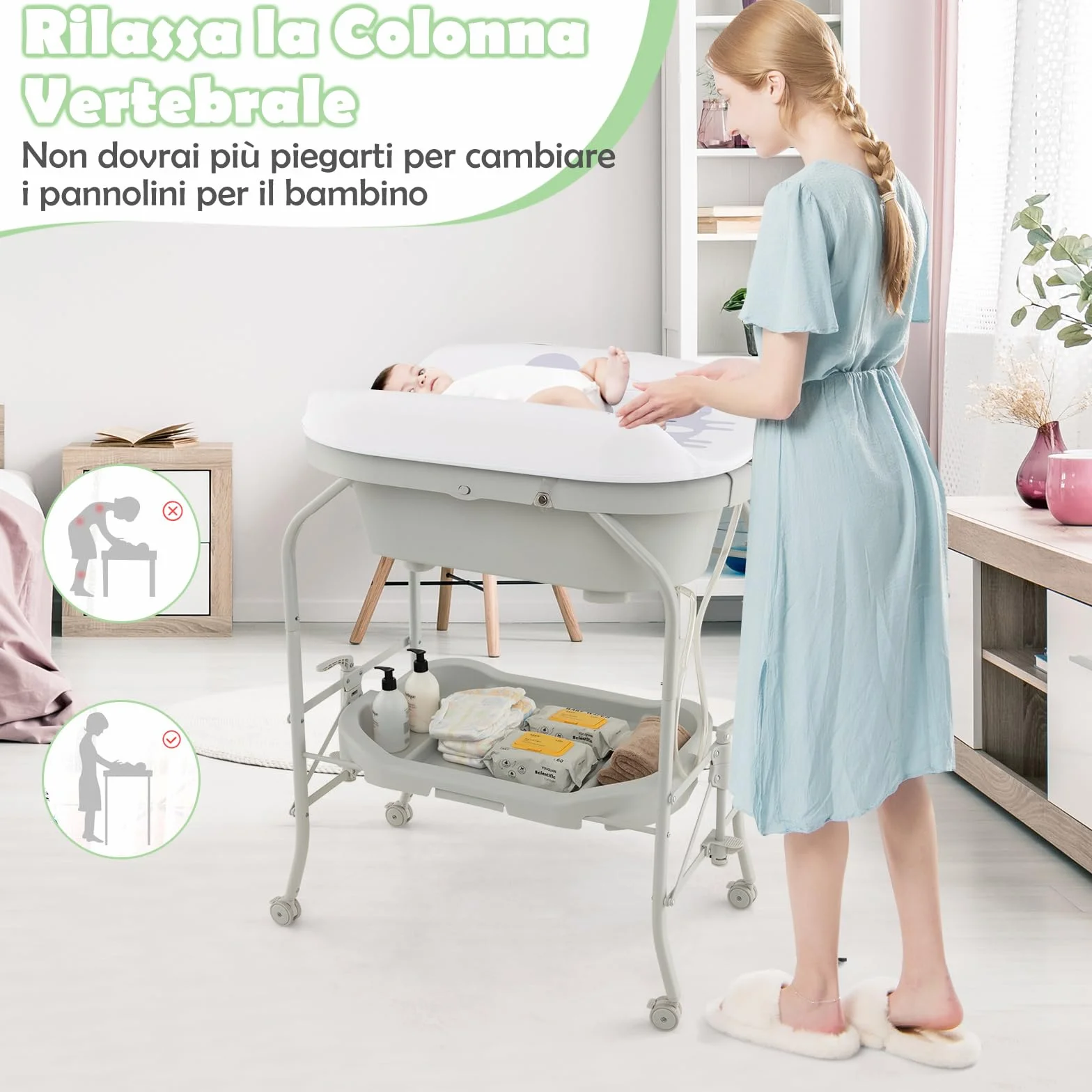 COSTWAY Fasciatoio con Vaschetta Bagnetto 2 in 1, Vasca da Bagno Pieghevole per Bambini, Grigio Chiaro