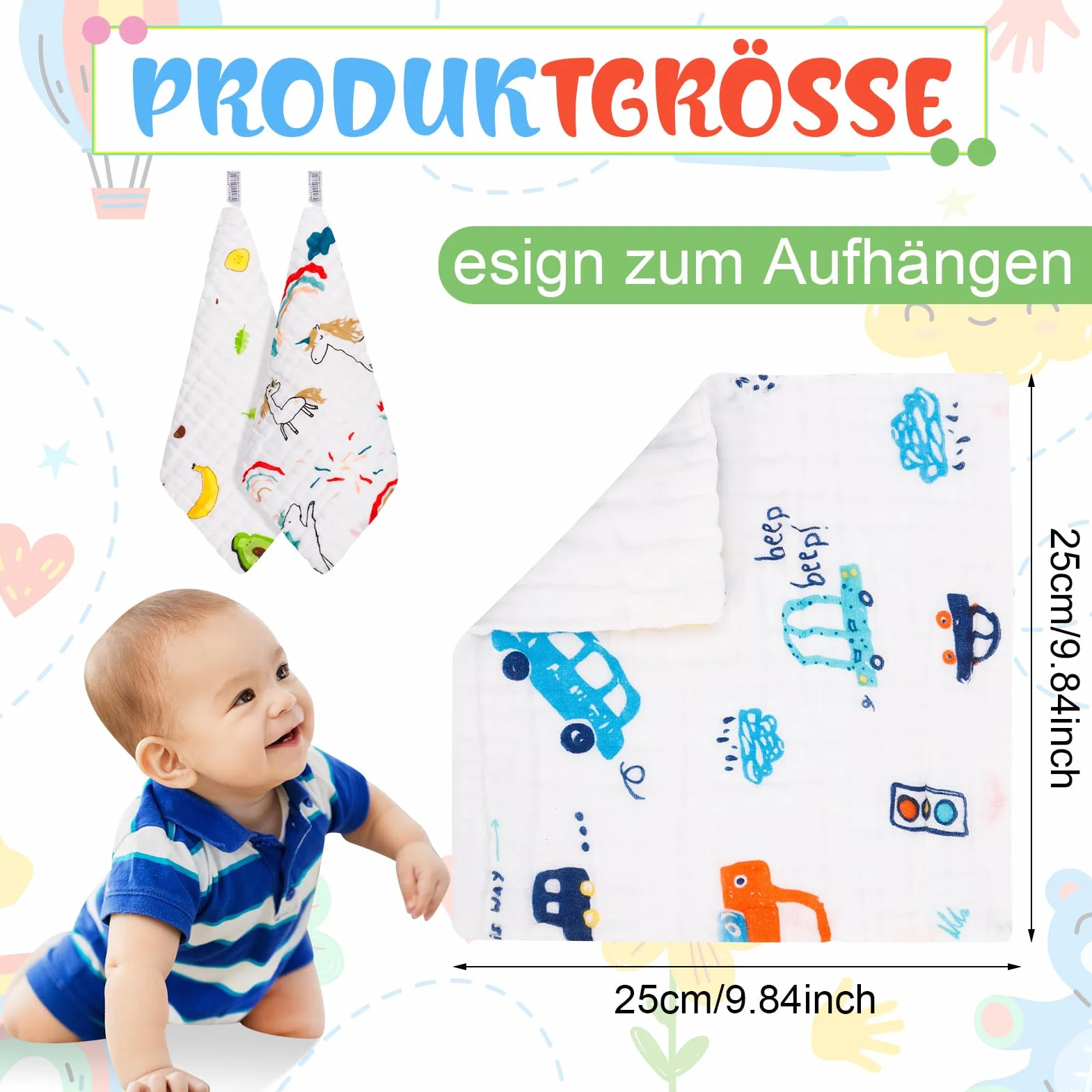 Set Salviette Mussola Neonato Cotone 25x25cm 8 Pezzi Morbidi Asciugamani Bagnetto