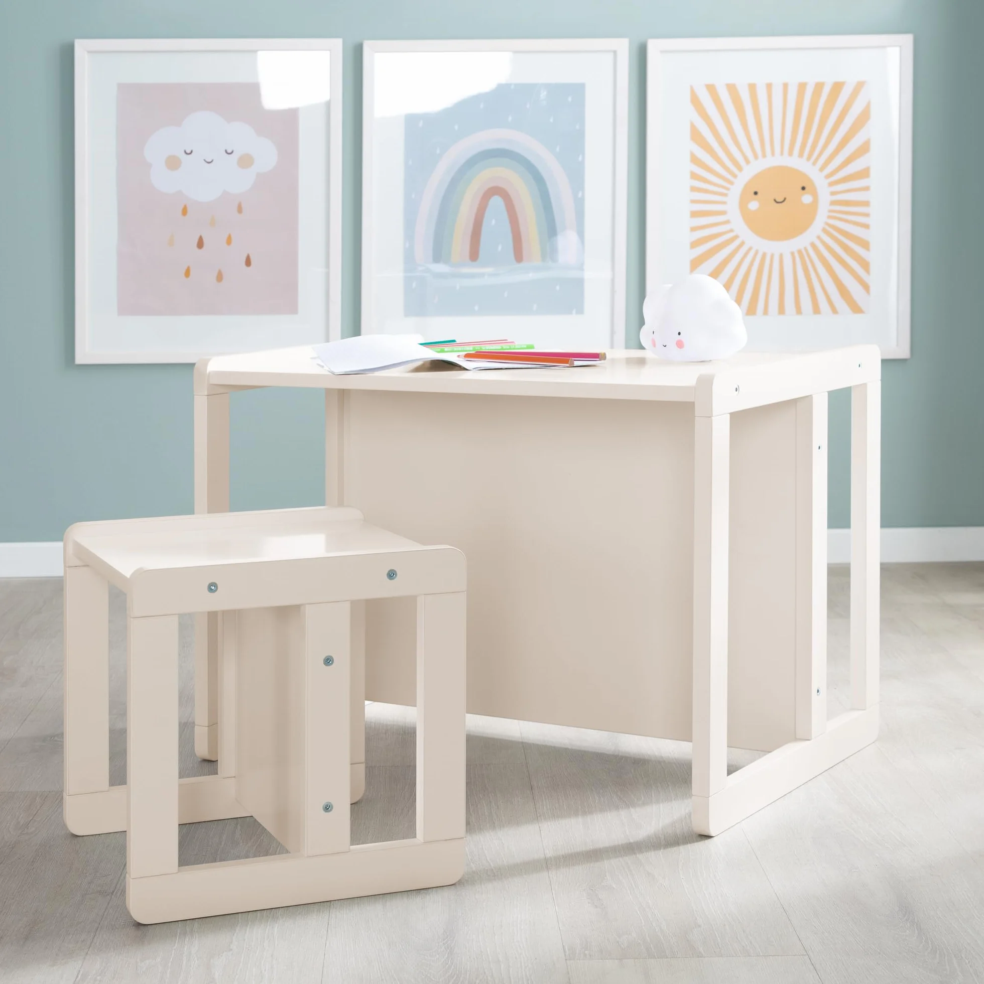 roba Set Sgabello e Tavolo Reversibili 3 in 1 - Regolazione in 3 Altezze di Seduta - Mobili per Bambini - Legno Beige/Cashmere