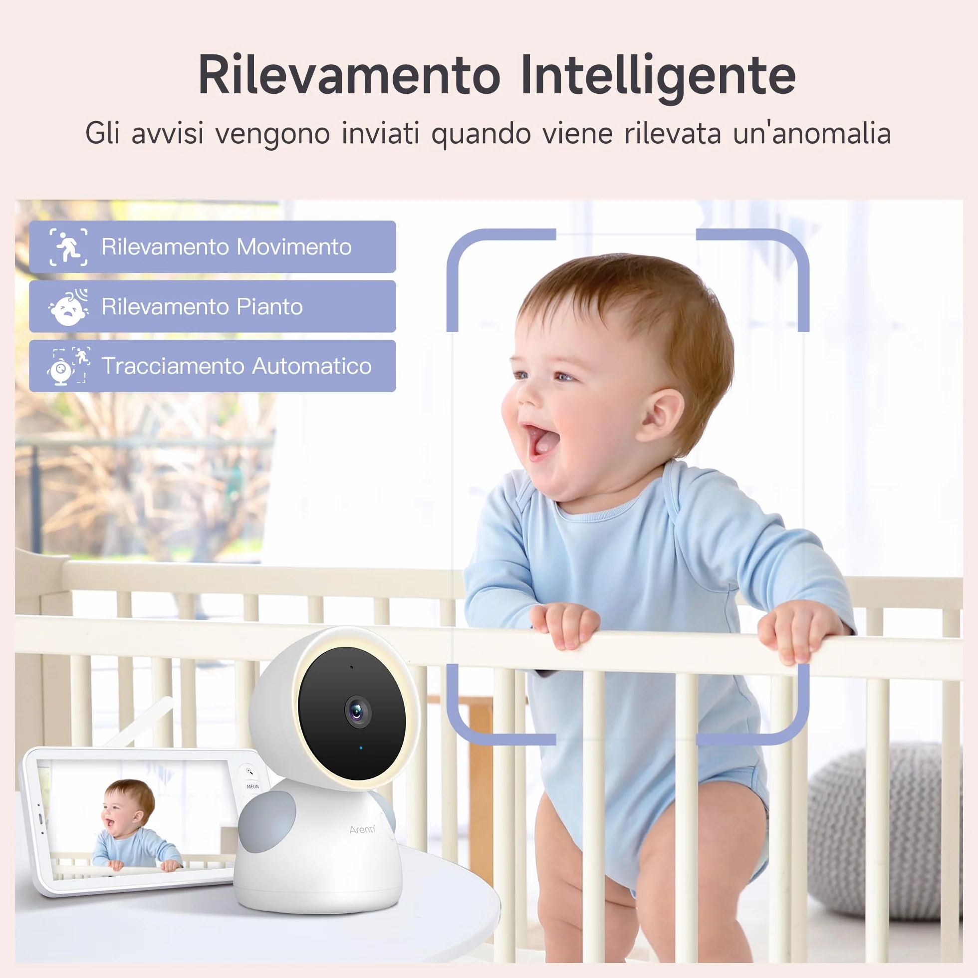 ARENTI Baby Monitor Video e Audio 2K, Telecamera Bambini con Monitor 5'', Rilevamento di Temperatura/Umidità e Suoni/Movimenti, Visione Notturna, Audio Bidirezionale