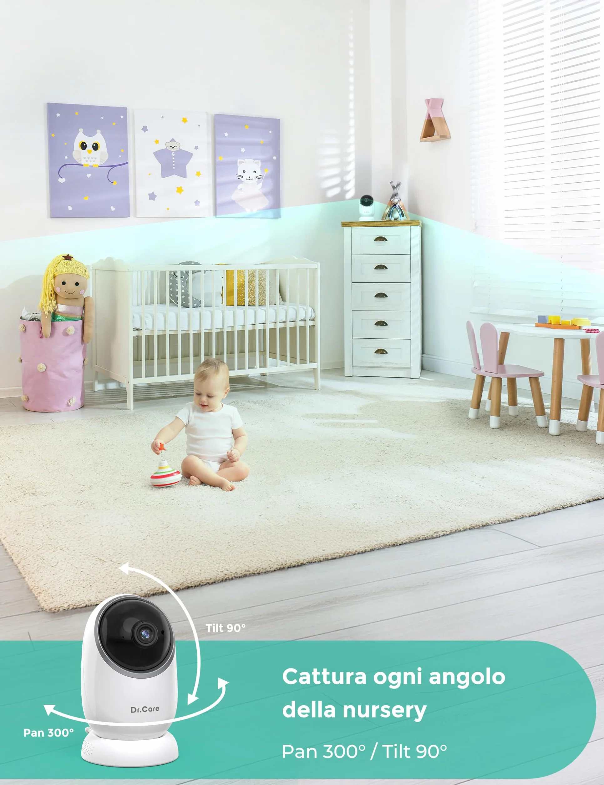 Dr.Care Baby Monitor 5" HD 1080P Senza WiFi Bassa Radiazione Visione Notturna Rotazione 360° Batteria 5000 mAh VOX