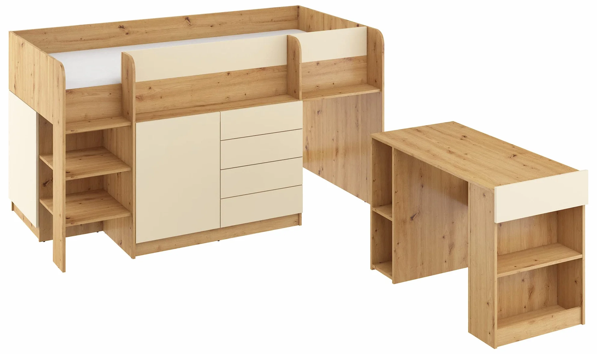 Letto rialzato Smile L per bambini rovere artigianale crema con scrivania mensole cassetti
